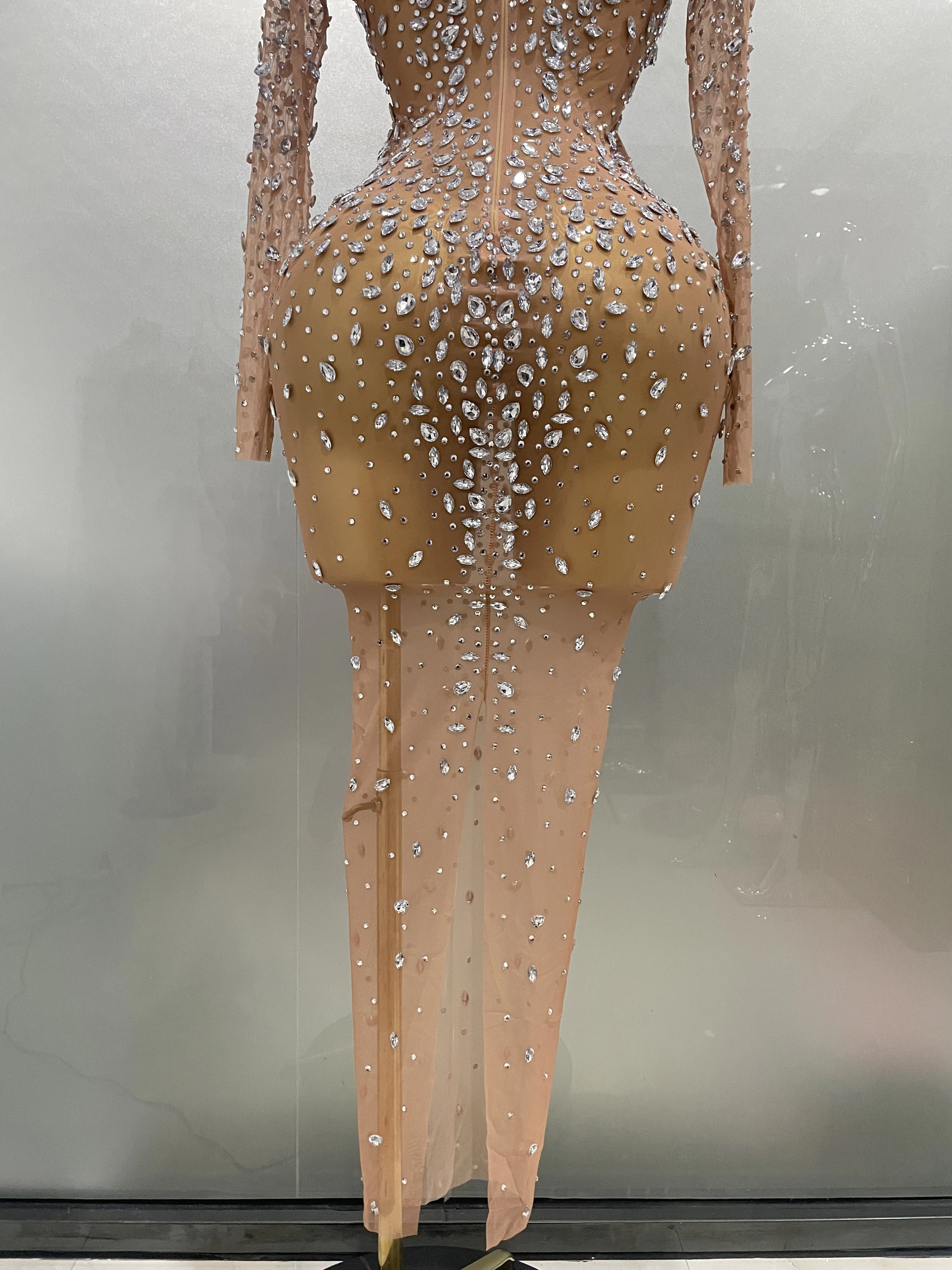 Sexy Shinny Rhinestone Stretch Mesh Transparent Long Dress 2025New Women Evening Birthday Party Prom Nightclub Singer Stage Wear Sexy Shinny Rhinestone Stretch Mesh Transparent Long Dress 2025New Women Evening Birthday Party Prom Nightclub Singer Stage Wear