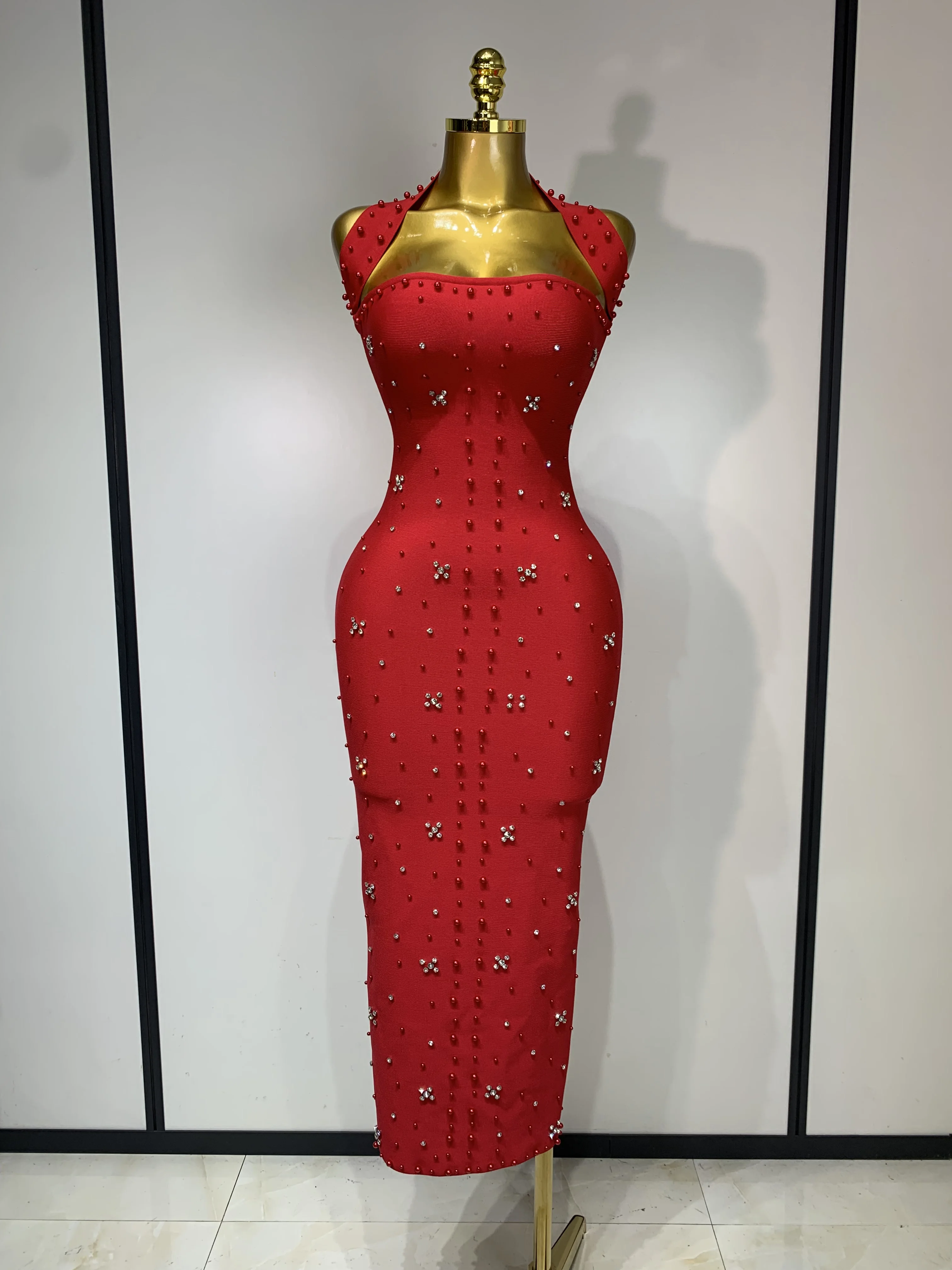 Women Sexy Halter Backless Shiny Rhinestone Pearl Bodycon Bandage Dress Celebirty Elegant Evening Party Luxury Birthday Dress Women Sexy Halter Backless Shiny Rhinestone Pearl Bodycon Bandage Dress Celebirty Elegant Evening Party Luxury Birthday Dress