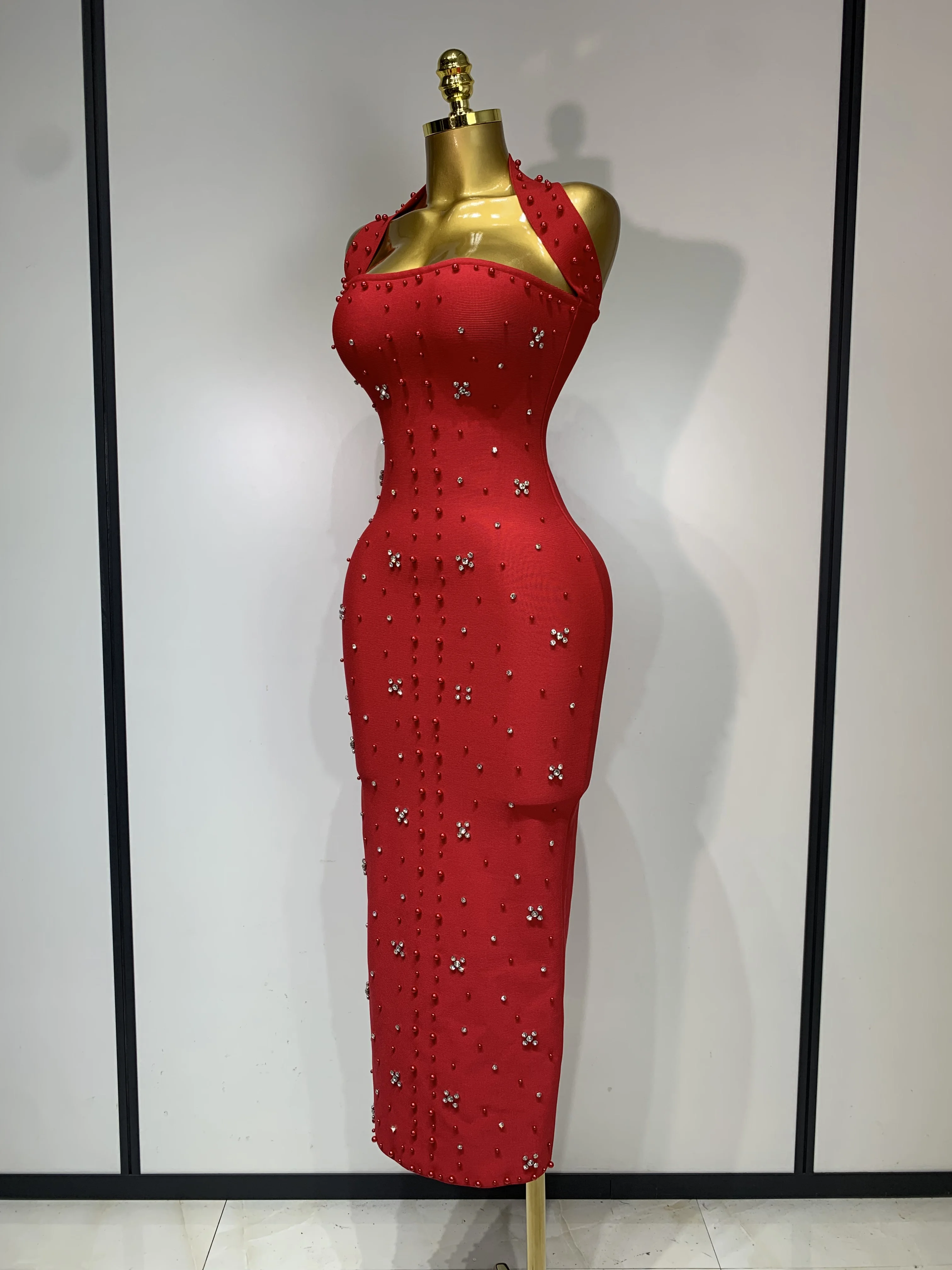 Women Sexy Halter Backless Shiny Rhinestone Pearl Bodycon Bandage Dress Celebirty Elegant Evening Party Luxury Birthday Dress Women Sexy Halter Backless Shiny Rhinestone Pearl Bodycon Bandage Dress Celebirty Elegant Evening Party Luxury Birthday Dress