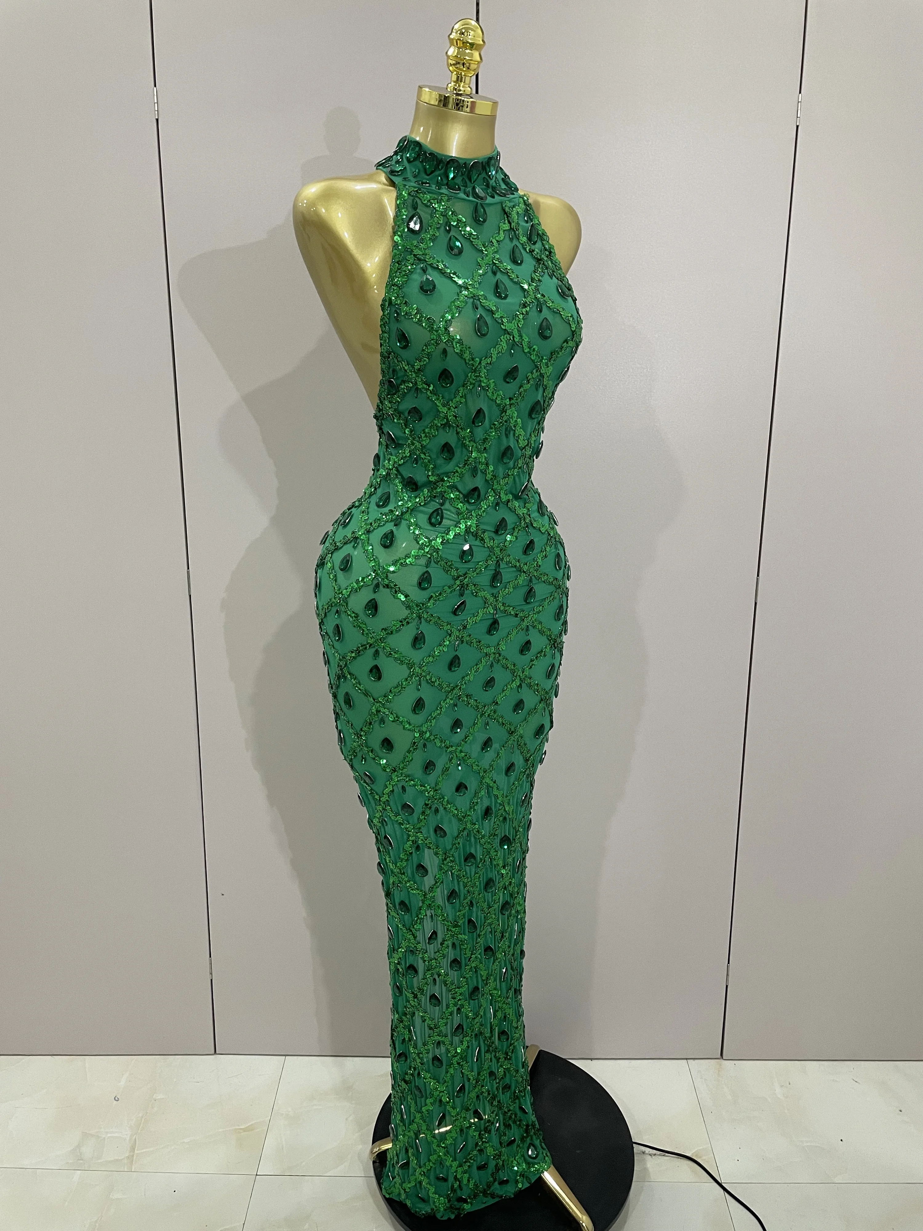 Newest Shiny Diamond Sequins Green Sexy Mesh Long Dress Women Celebrate Evening Prom Birthday Party Nightclub Stage Costume