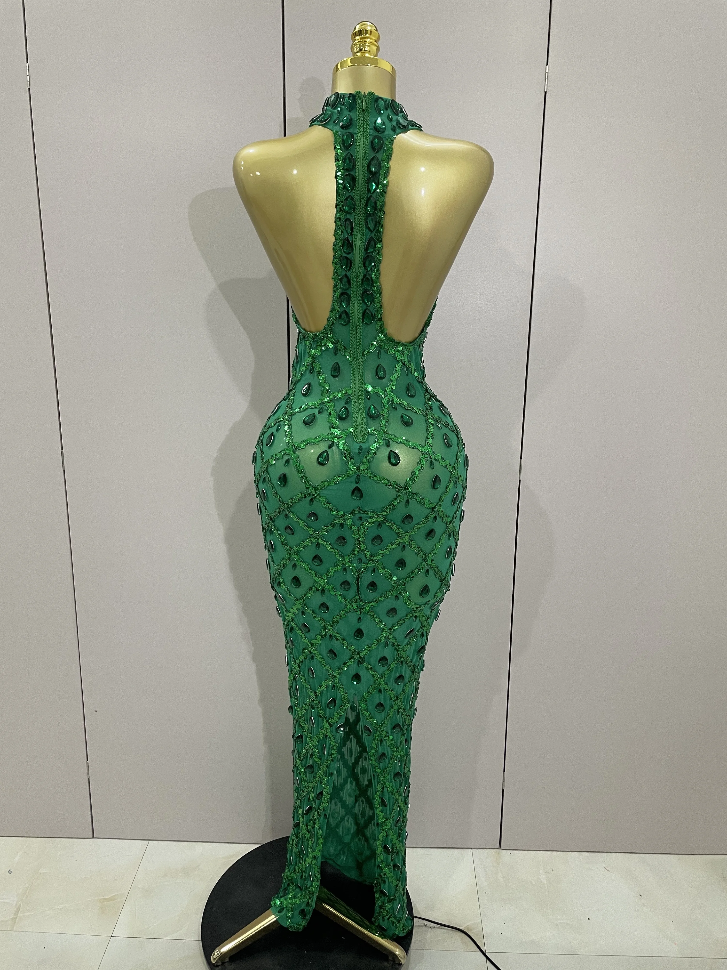 Newest Shiny Diamond Sequins Green Sexy Mesh Long Dress Women Celebrate Evening Prom Birthday Party Nightclub Stage Costume