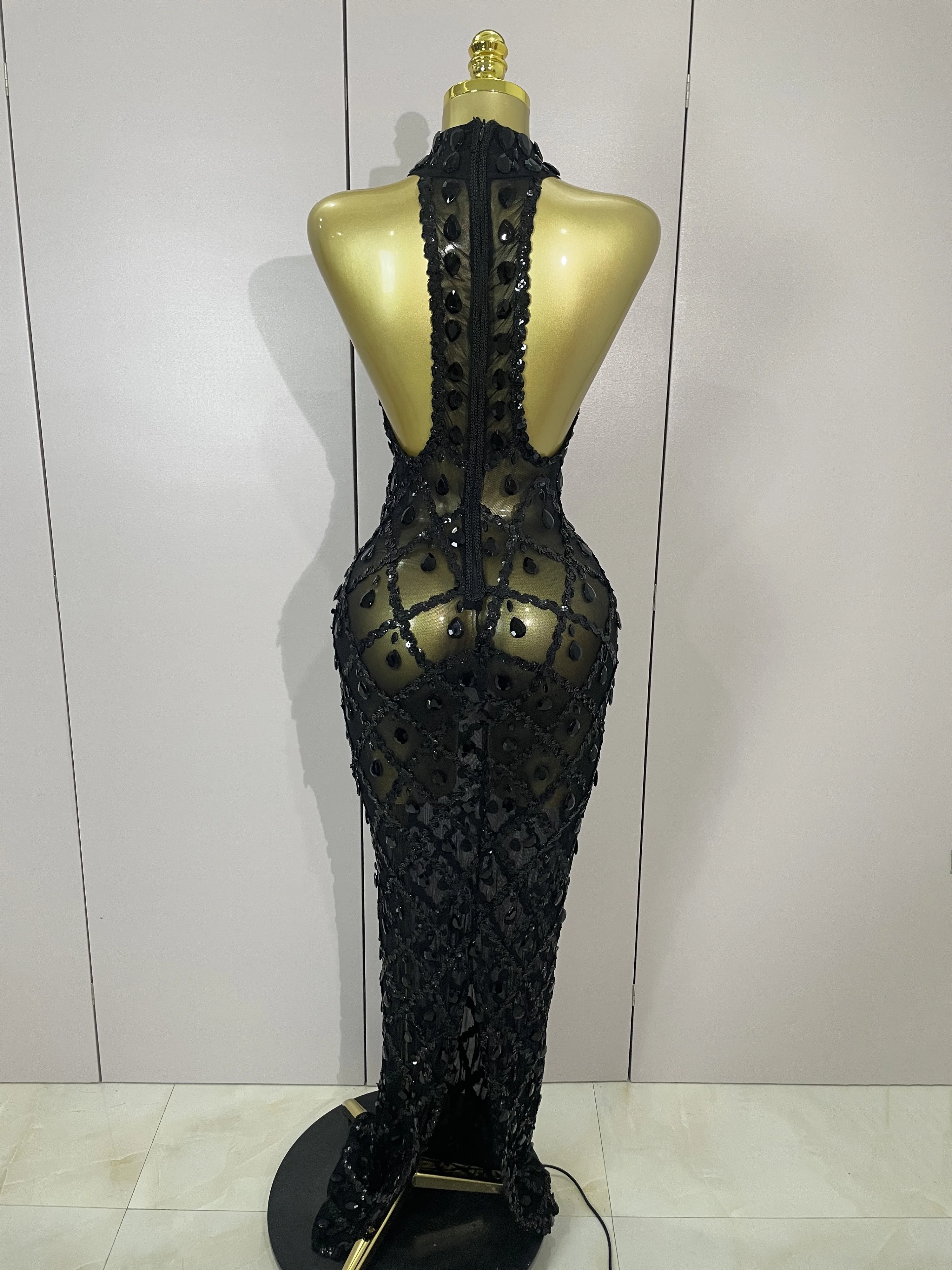 Newest Shiny Diamond Sequins Green Sexy Mesh Long Dress Women Celebrate Evening Prom Birthday Party Nightclub Stage Costume