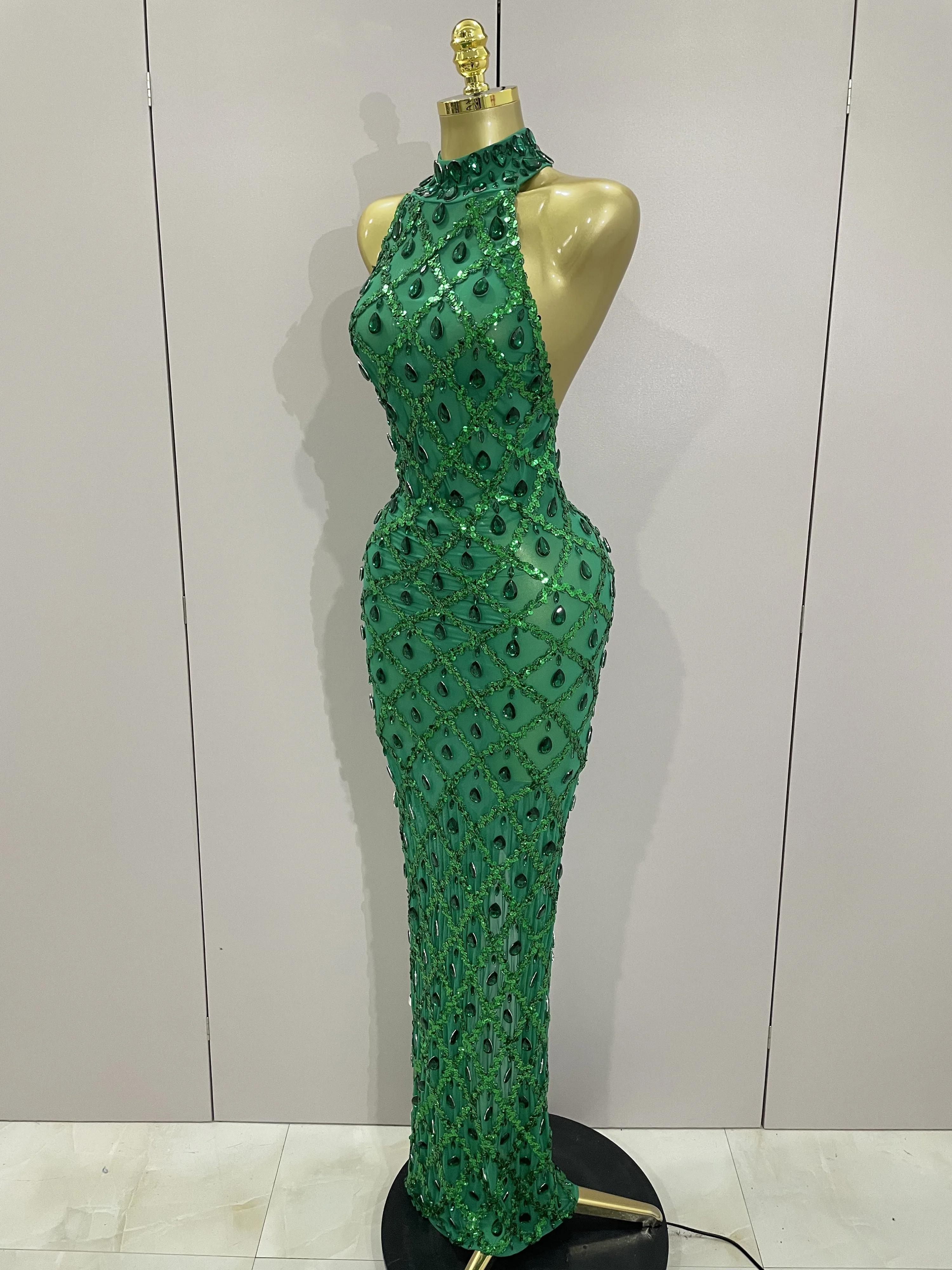 Newest Shiny Diamond Sequins Green Sexy Mesh Long Dress Women Celebrate Evening Prom Birthday Party Nightclub Stage Costume