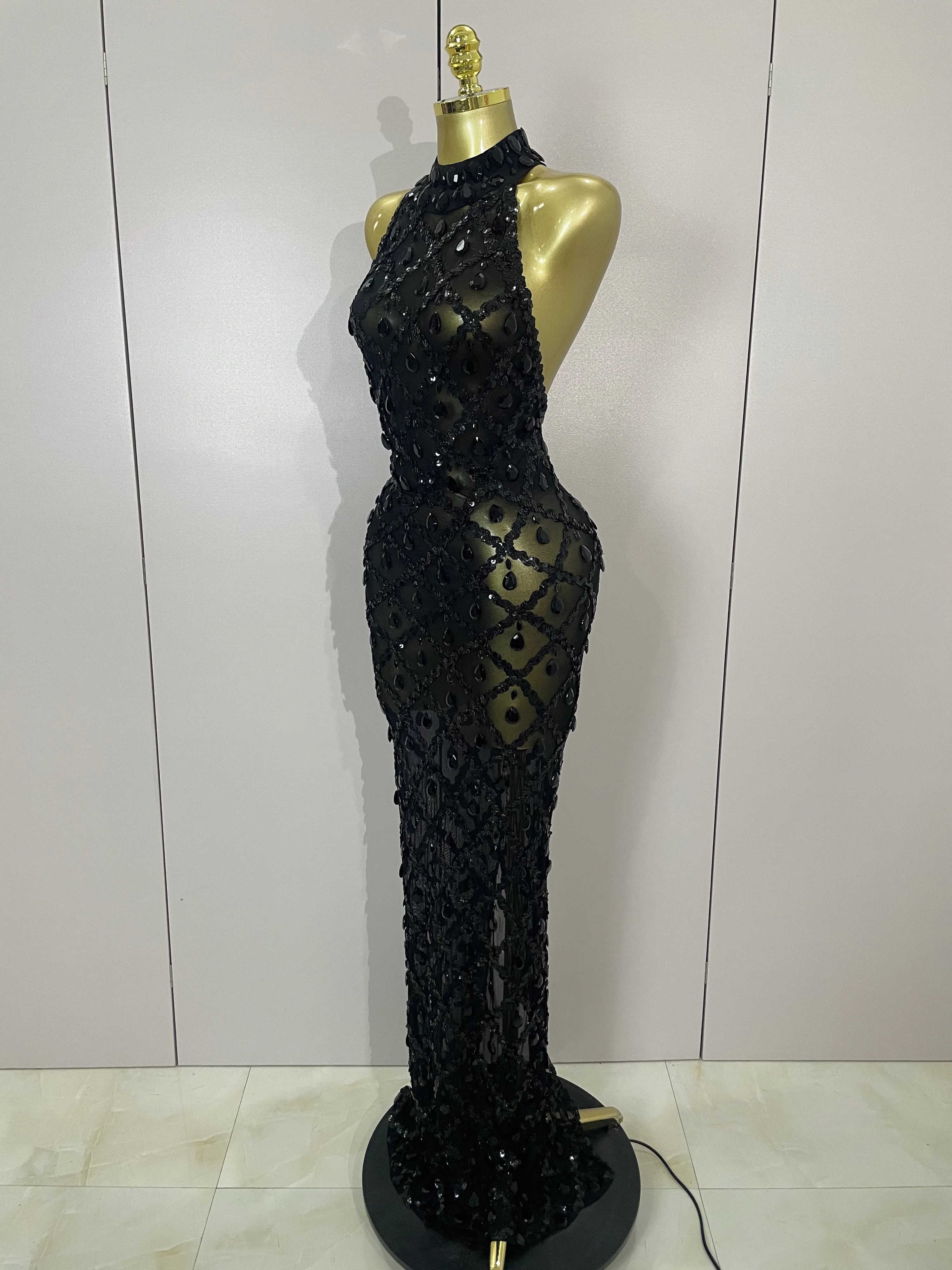 Newest Shiny Diamond Sequins Green Sexy Mesh Long Dress Women Celebrate Evening Prom Birthday Party Nightclub Stage Costume
