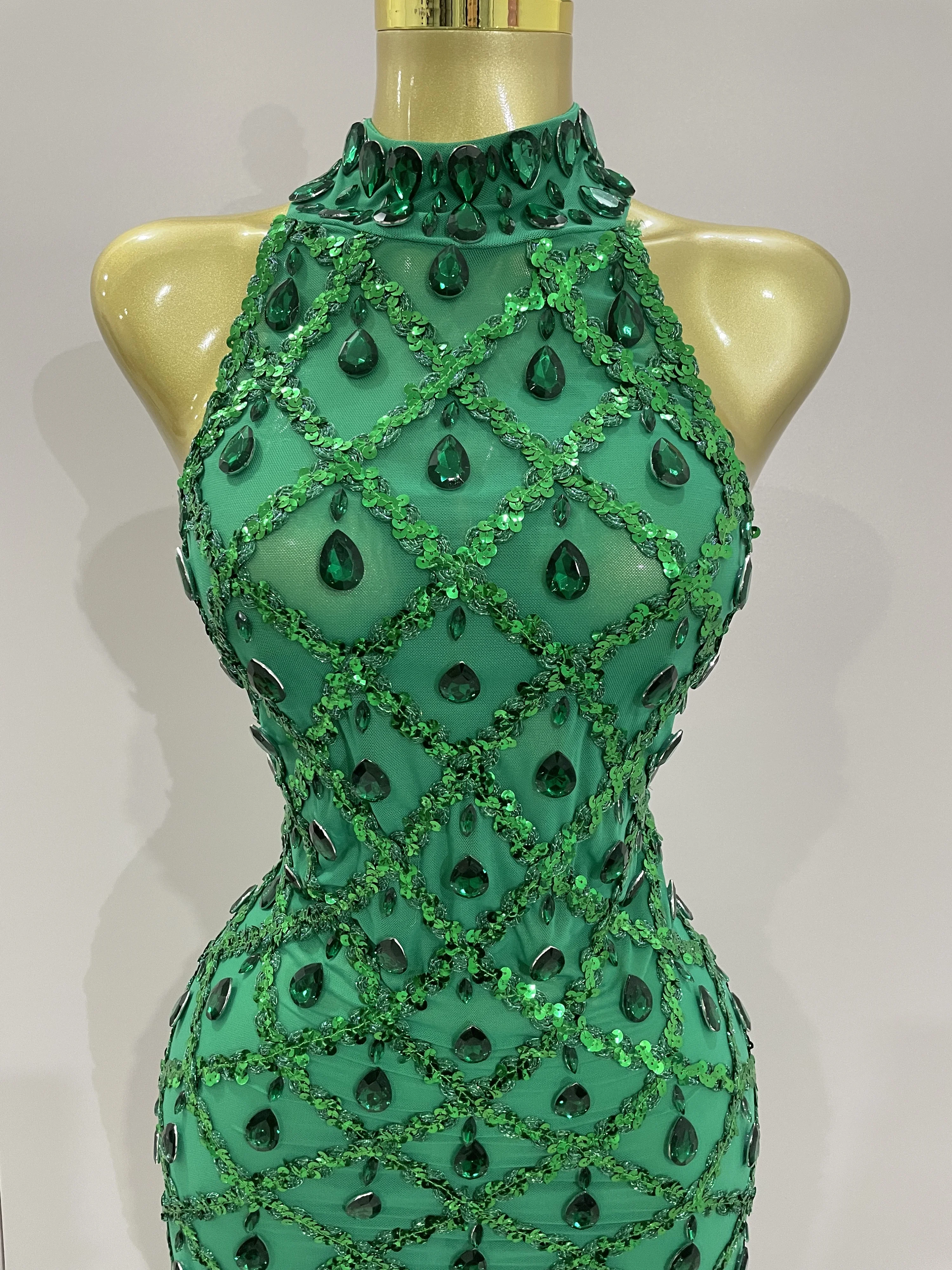 Newest Shiny Diamond Sequins Green Sexy Mesh Long Dress Women Celebrate Evening Prom Birthday Party Nightclub Stage Costume