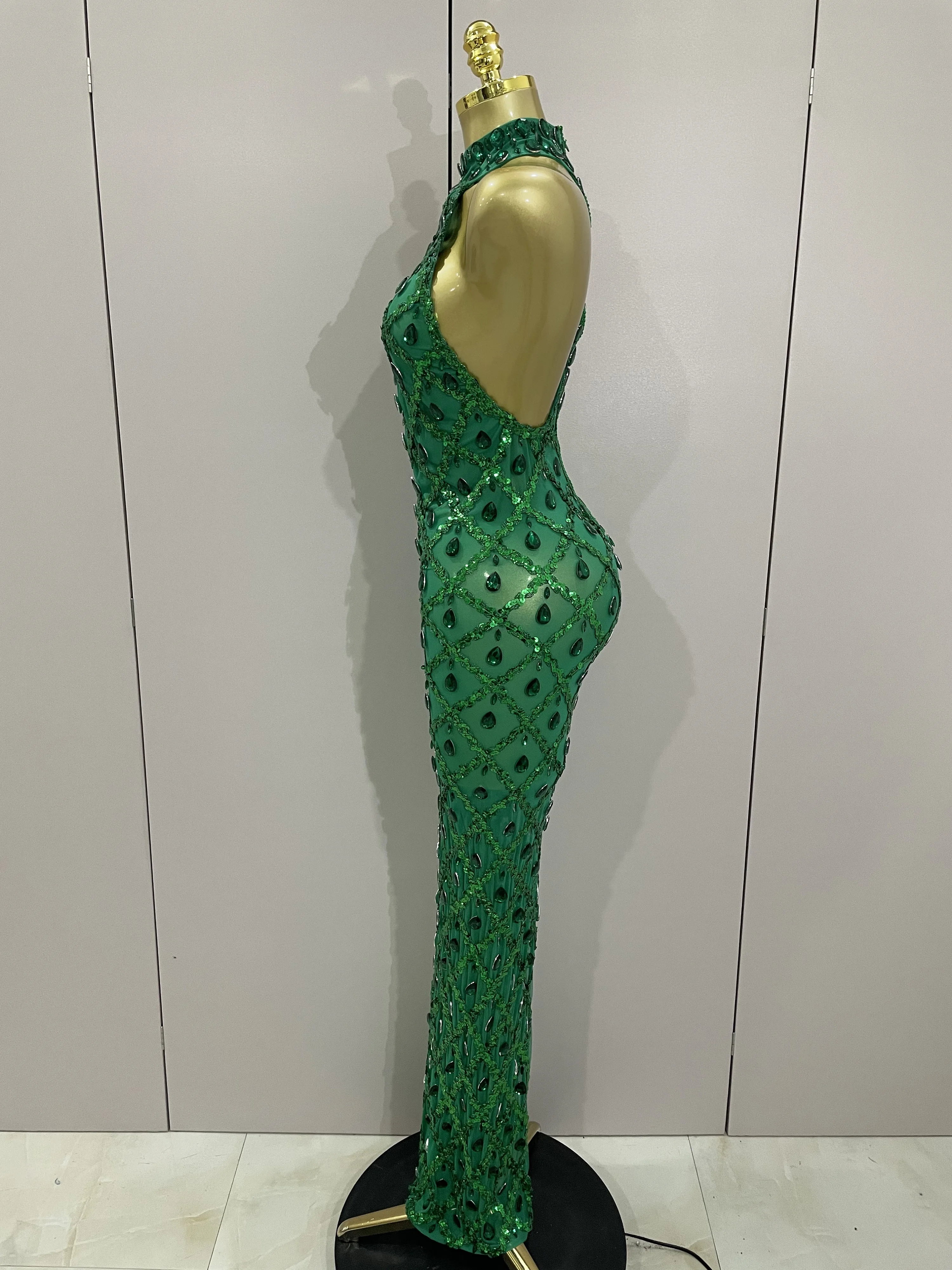 Newest Shiny Diamond Sequins Green Sexy Mesh Long Dress Women Celebrate Evening Prom Birthday Party Nightclub Stage Costume