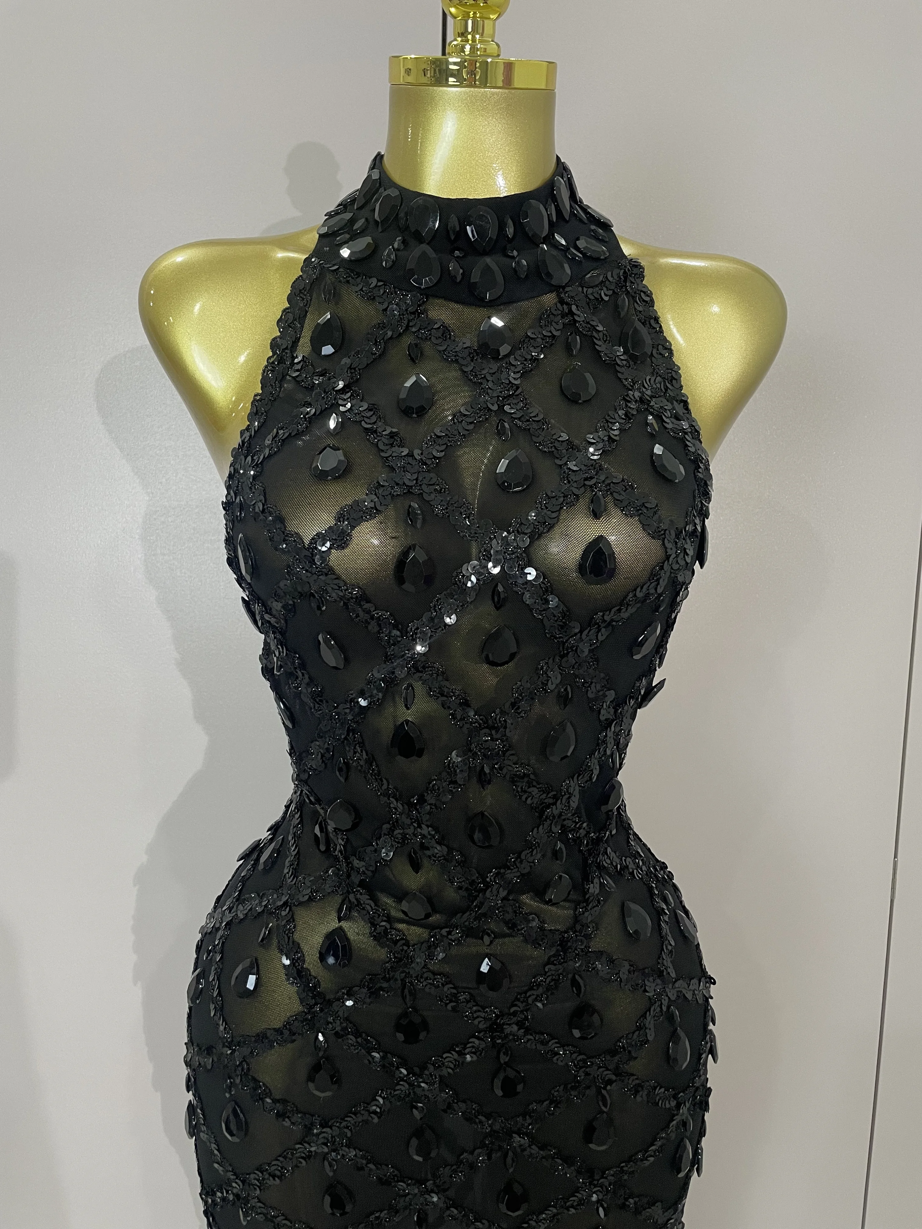 Newest Shiny Diamond Sequins Green Sexy Mesh Long Dress Women Celebrate Evening Prom Birthday Party Nightclub Stage Costume