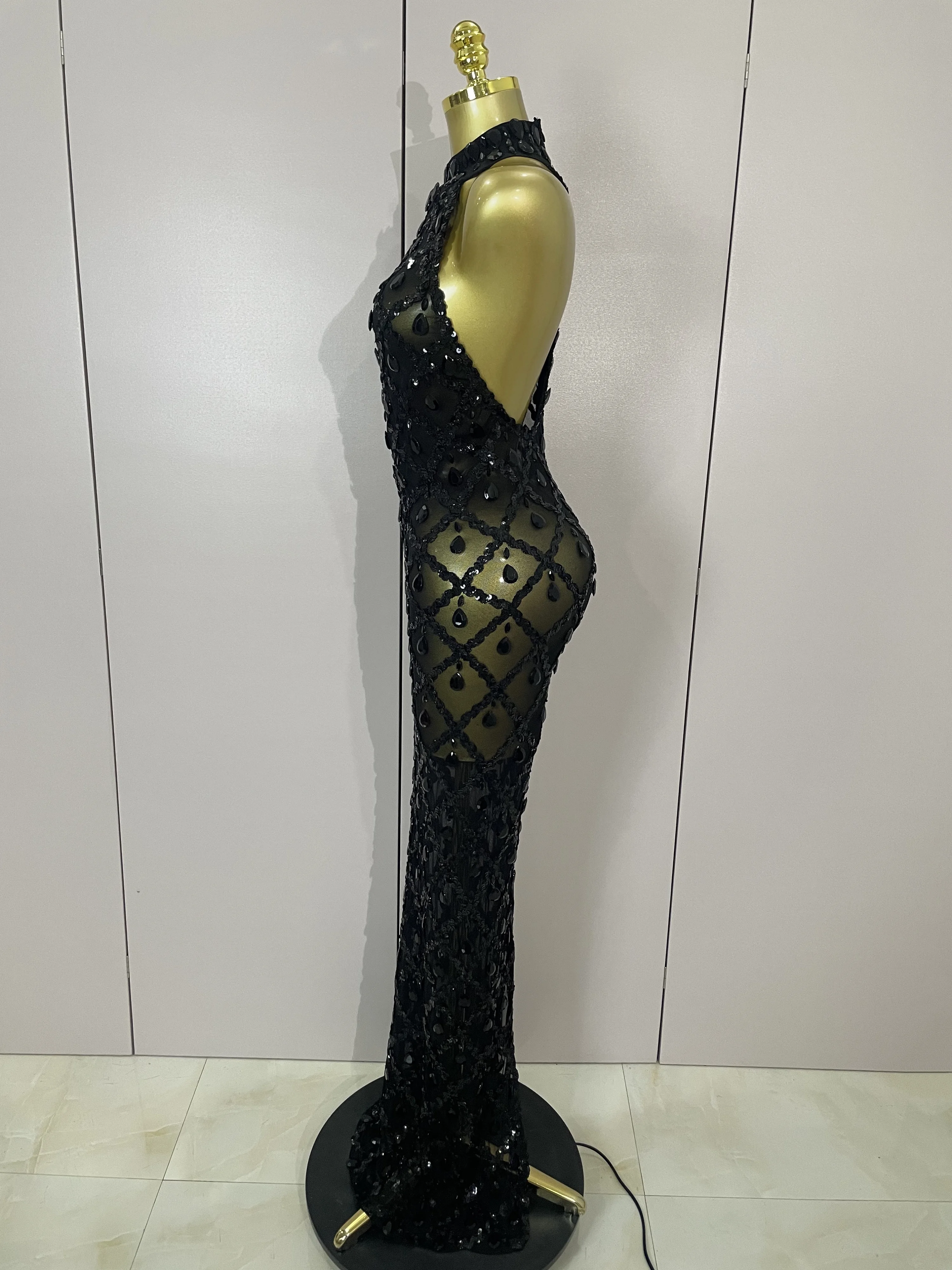 Newest Shiny Diamond Sequins Green Sexy Mesh Long Dress Women Celebrate Evening Prom Birthday Party Nightclub Stage Costume