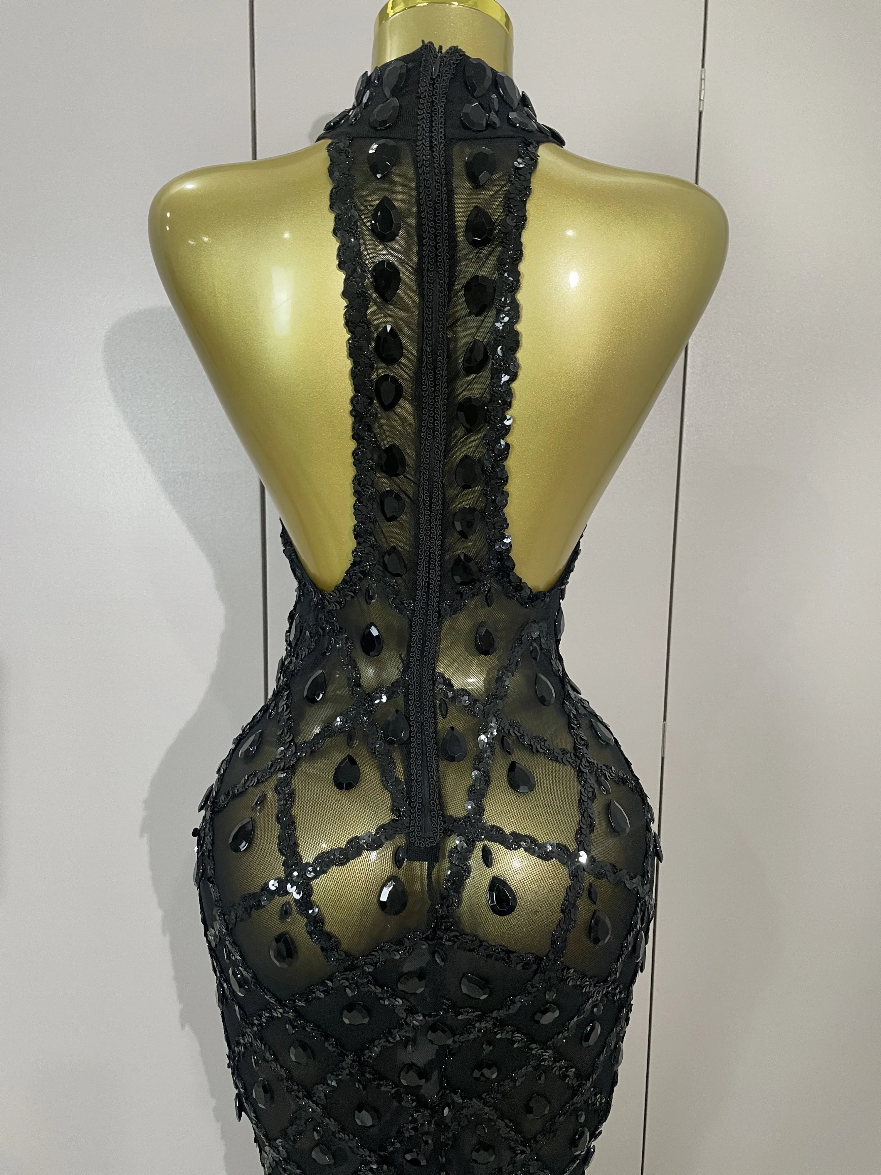 Newest Shiny Diamond Sequins Green Sexy Mesh Long Dress Women Celebrate Evening Prom Birthday Party Nightclub Stage Costume