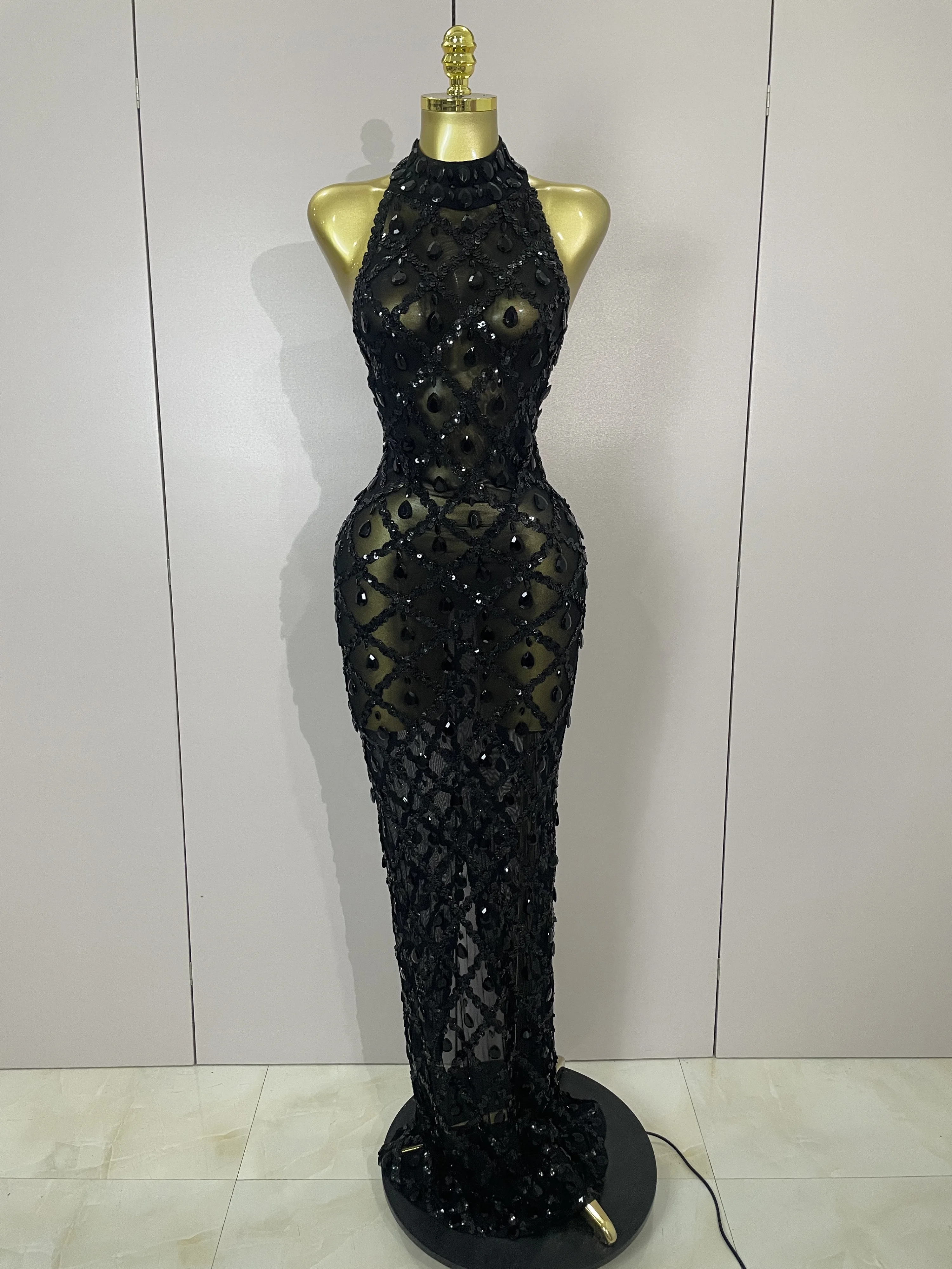 Newest Shiny Diamond Sequins Green Sexy Mesh Long Dress Women Celebrate Evening Prom Birthday Party Nightclub Stage Costume