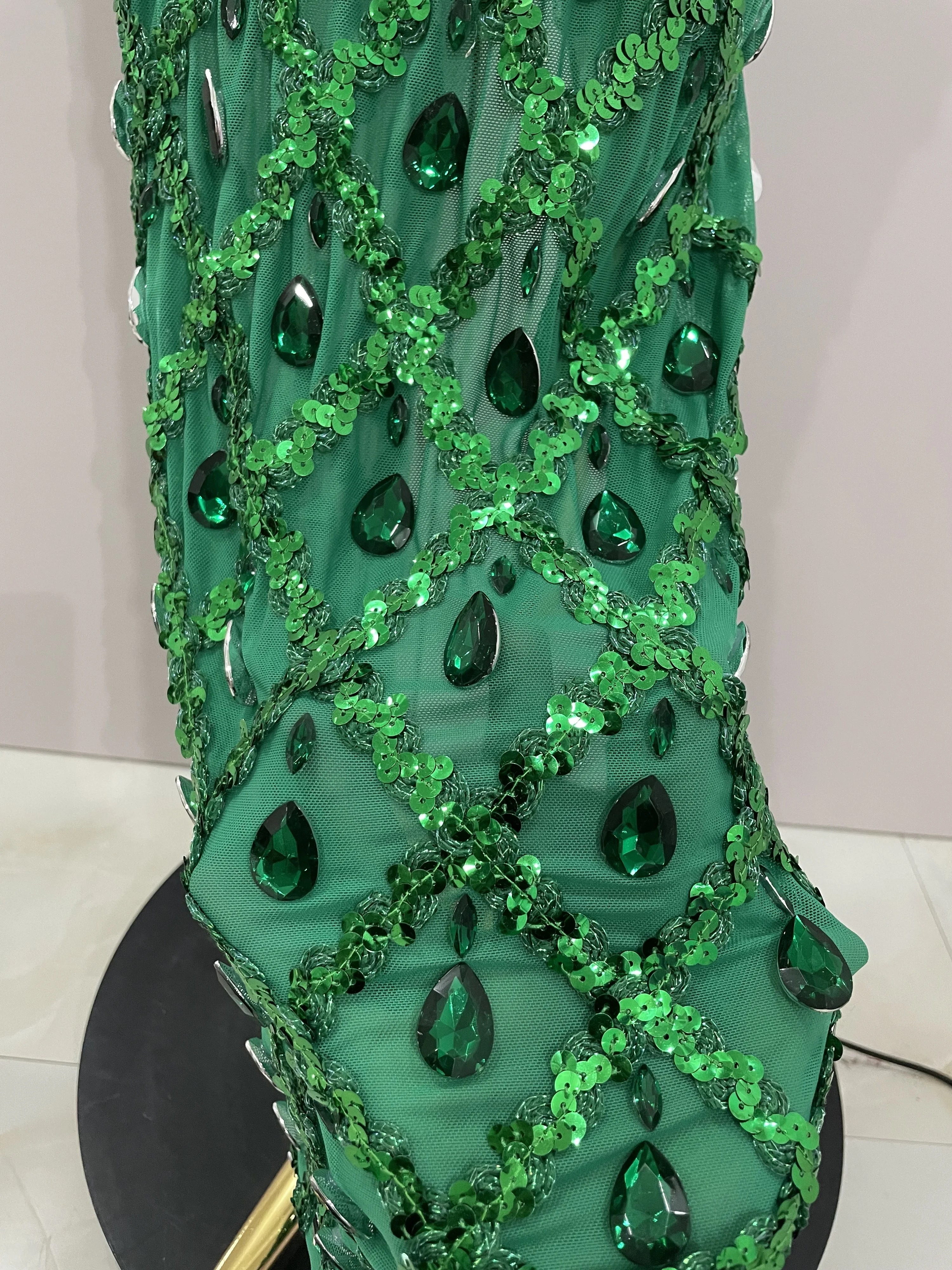 Newest Shiny Diamond Sequins Green Sexy Mesh Long Dress Women Celebrate Evening Prom Birthday Party Nightclub Stage Costume