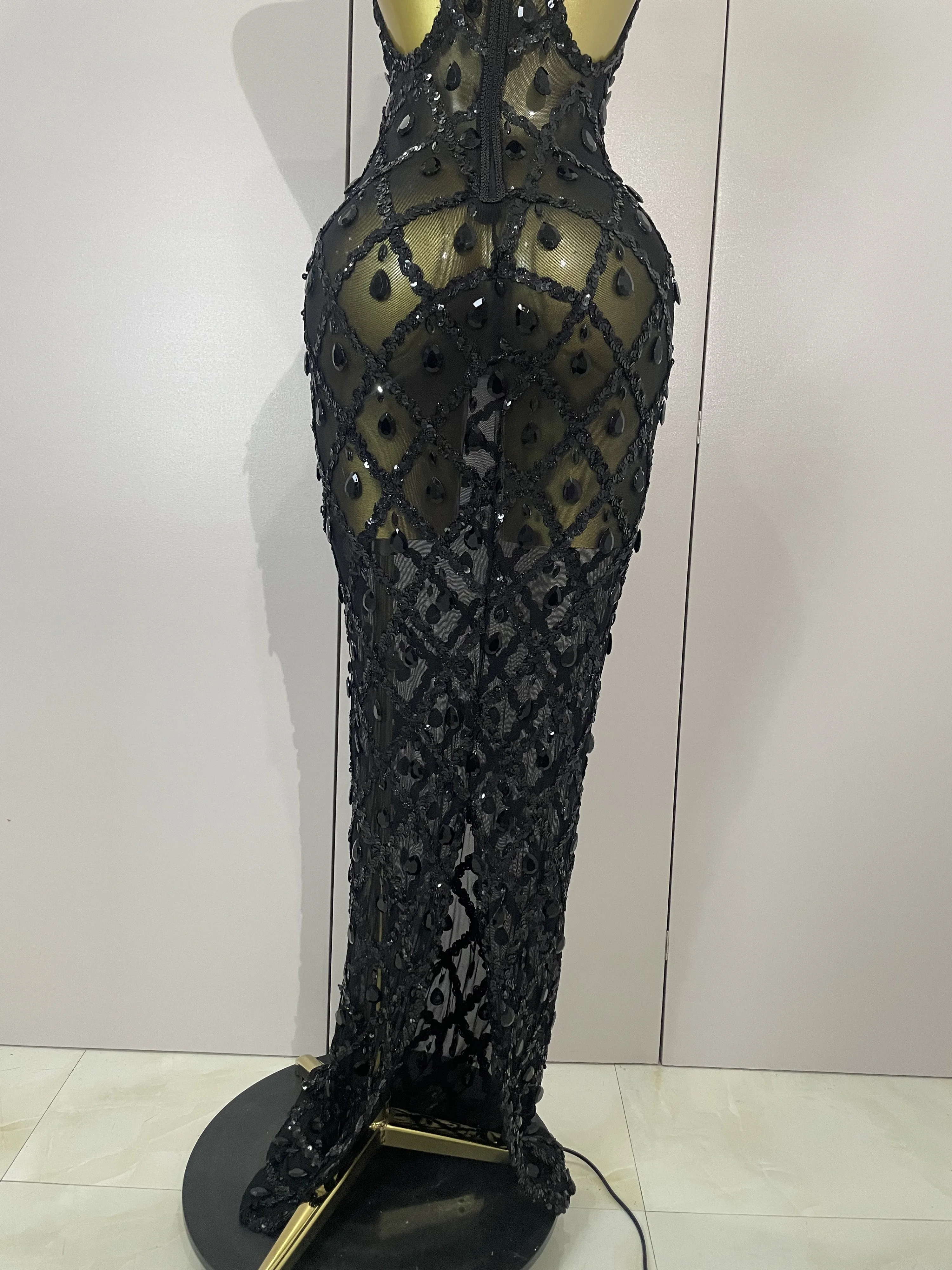 Newest Shiny Diamond Sequins Green Sexy Mesh Long Dress Women Celebrate Evening Prom Birthday Party Nightclub Stage Costume