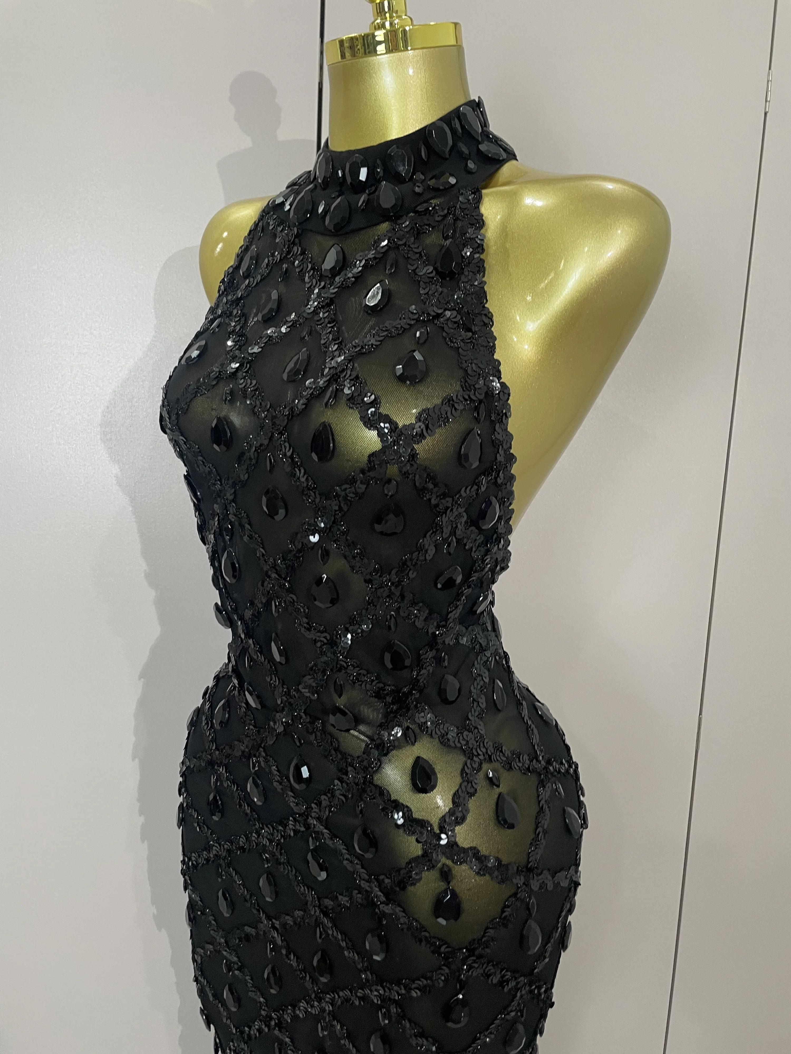 Newest Shiny Diamond Sequins Green Sexy Mesh Long Dress Women Celebrate Evening Prom Birthday Party Nightclub Stage Costume