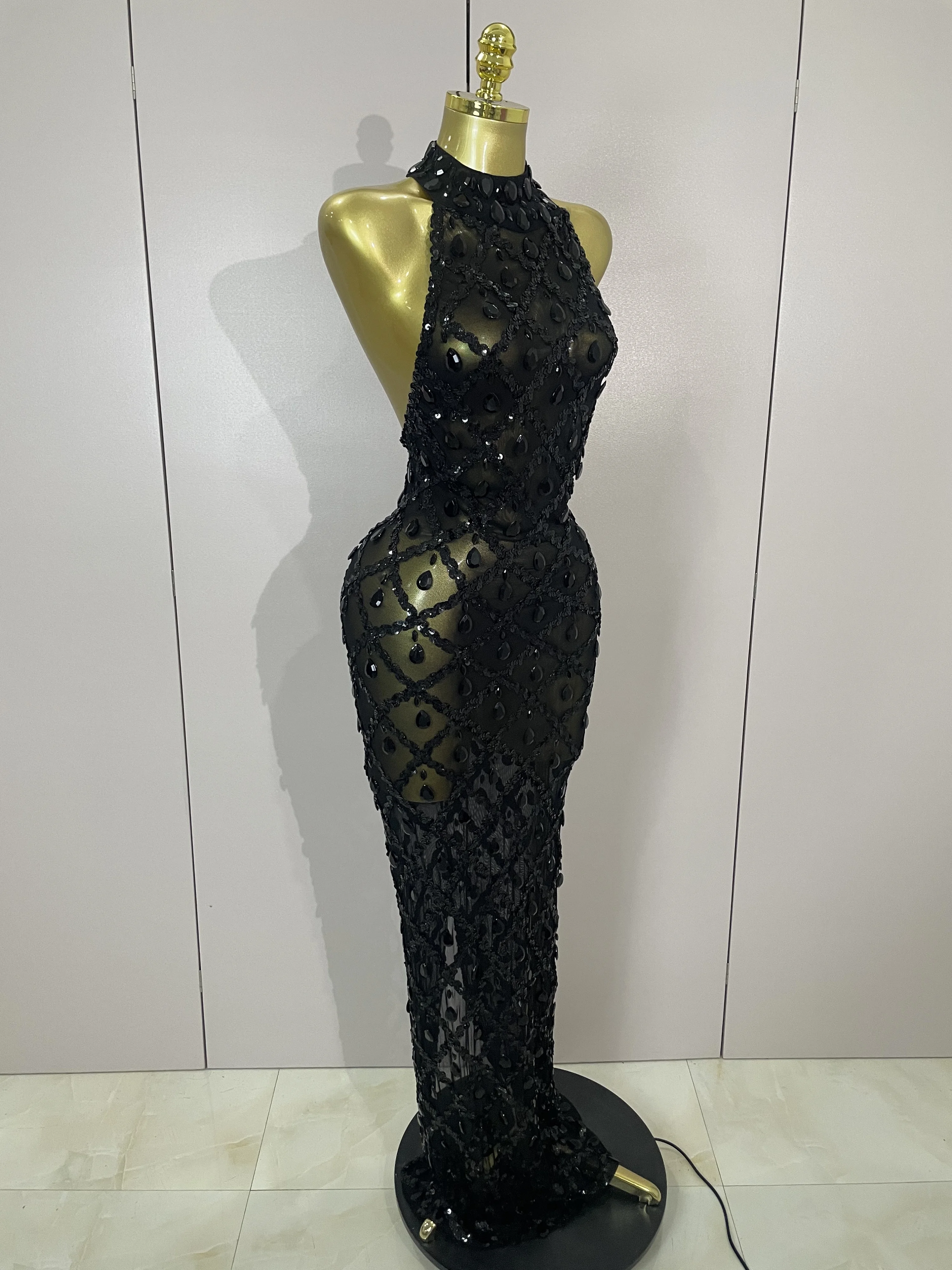 Newest Shiny Diamond Sequins Green Sexy Mesh Long Dress Women Celebrate Evening Prom Birthday Party Nightclub Stage Costume