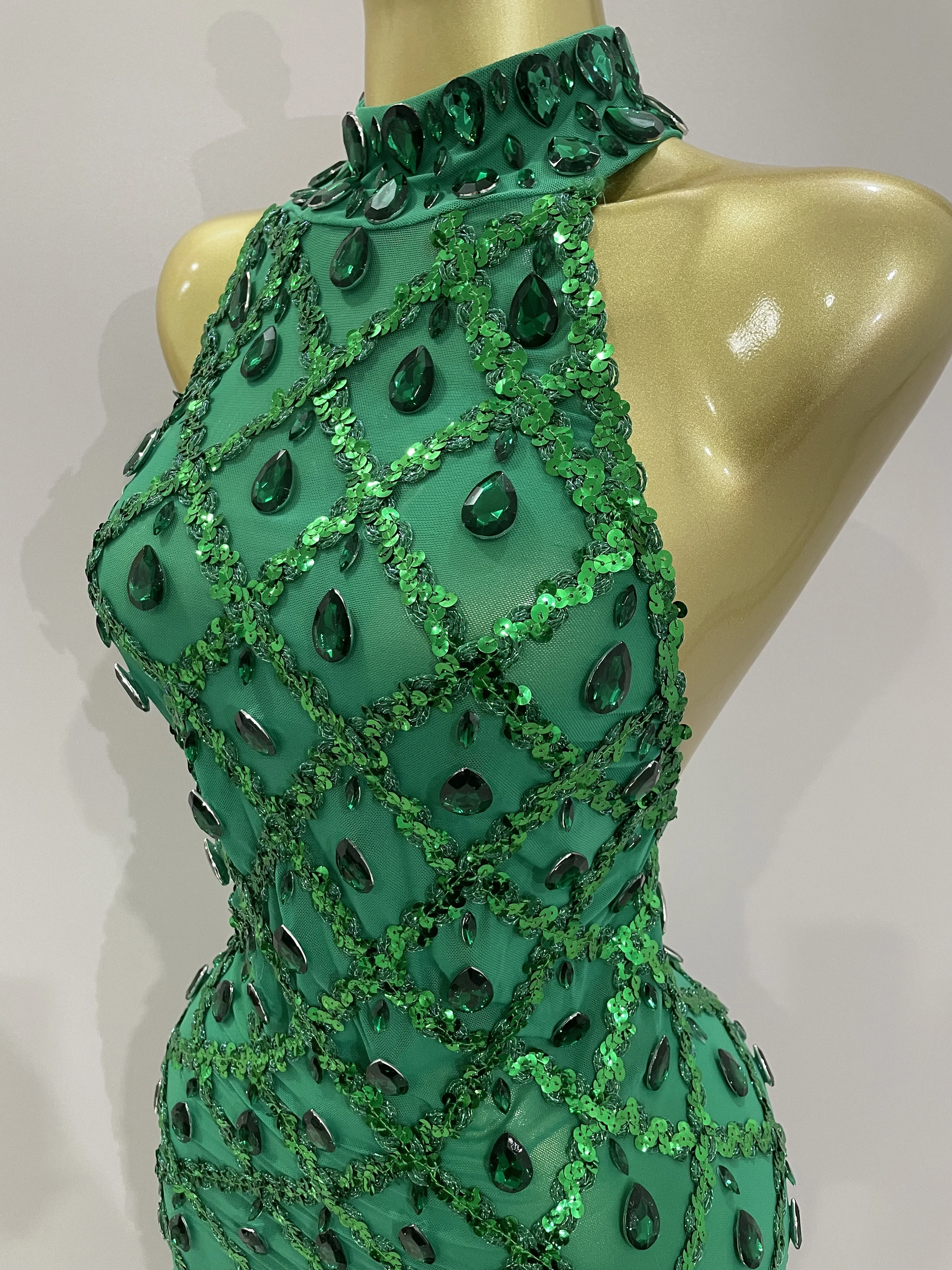 Newest Shiny Diamond Sequins Green Sexy Mesh Long Dress Women Celebrate Evening Prom Birthday Party Nightclub Stage Costume