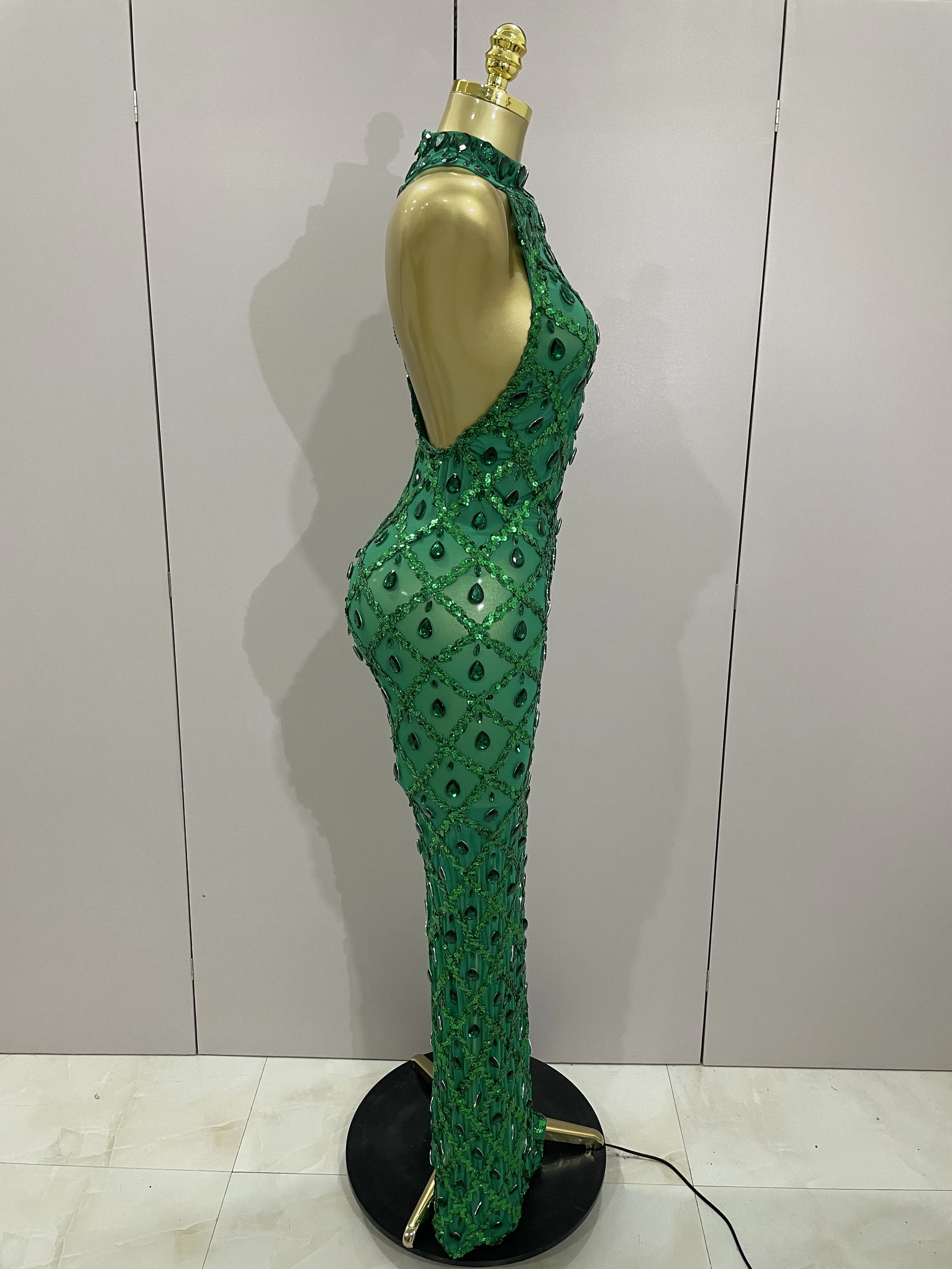 Newest Shiny Diamond Sequins Green Sexy Mesh Long Dress Women Celebrate Evening Prom Birthday Party Nightclub Stage Costume