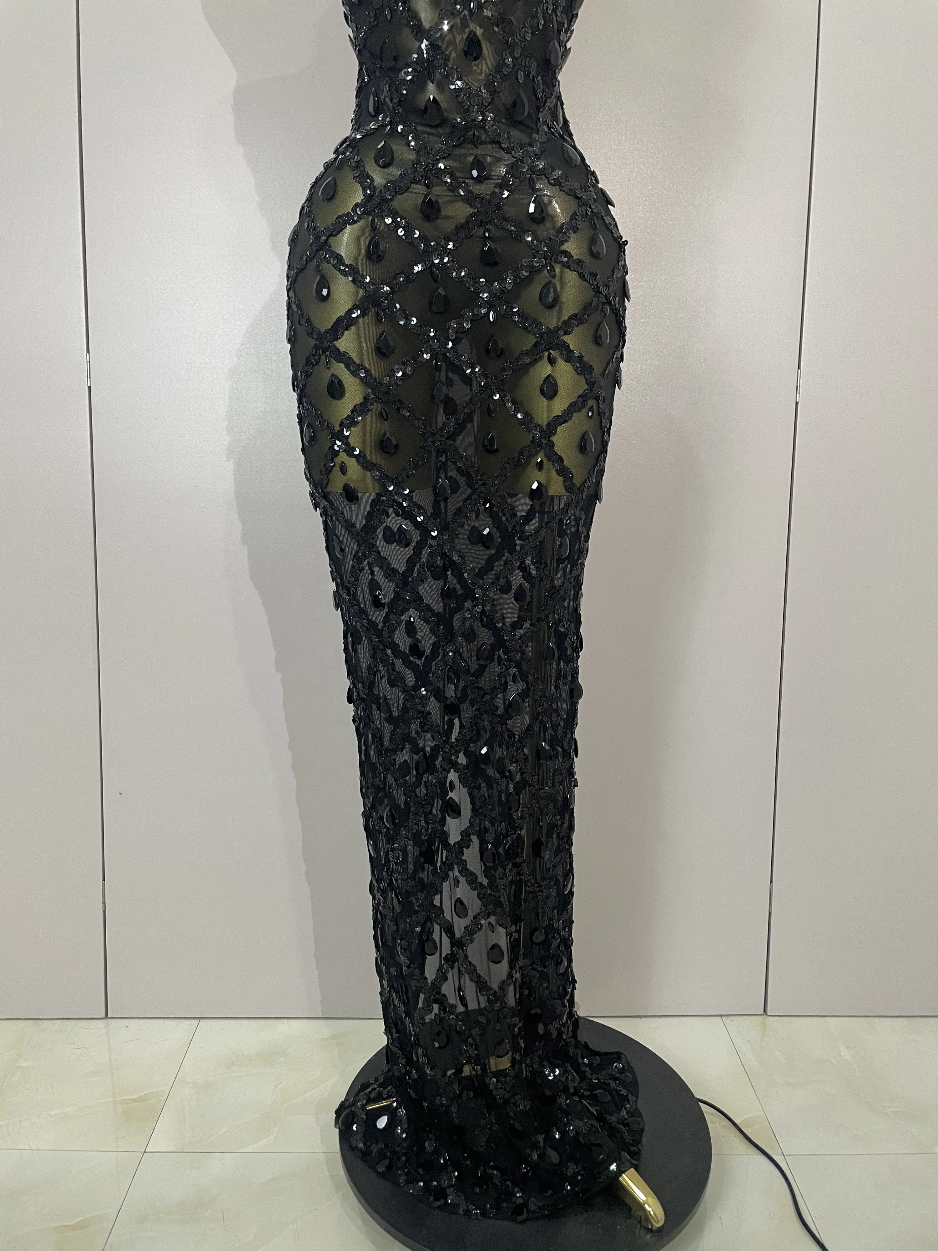 Newest Shiny Diamond Sequins Green Sexy Mesh Long Dress Women Celebrate Evening Prom Birthday Party Nightclub Stage Costume