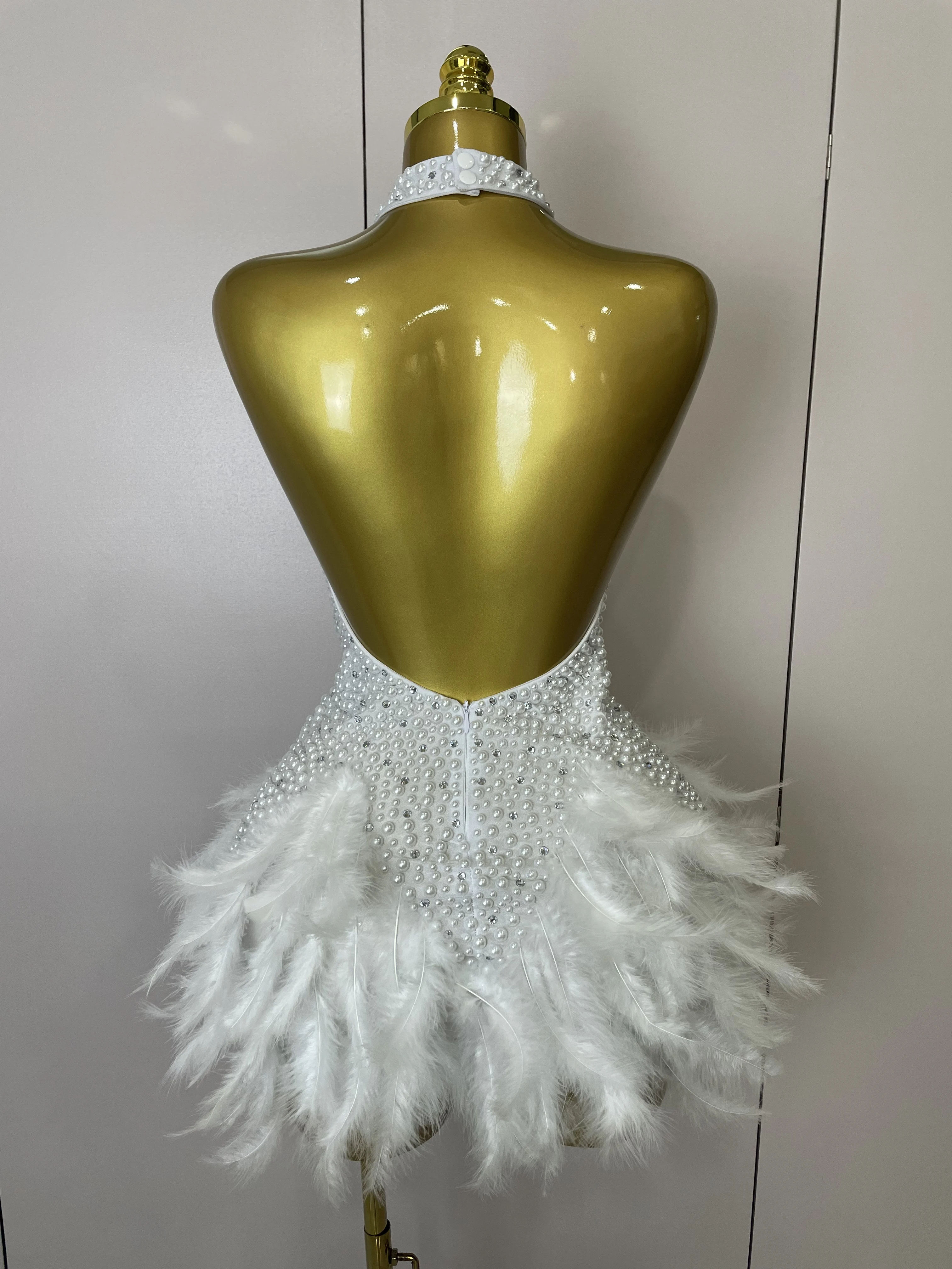 Women Luxury Black Rhinestones Pearls Feathers Halter Backless Short Dress Sexy Celebrate Birthday Dress Nightclub Stage Costume Women Luxury Black Rhinestones Pearls Feathers Halter Backless Short Dress Sexy Celebrate Birthday Dress Nightclub Stage Costume