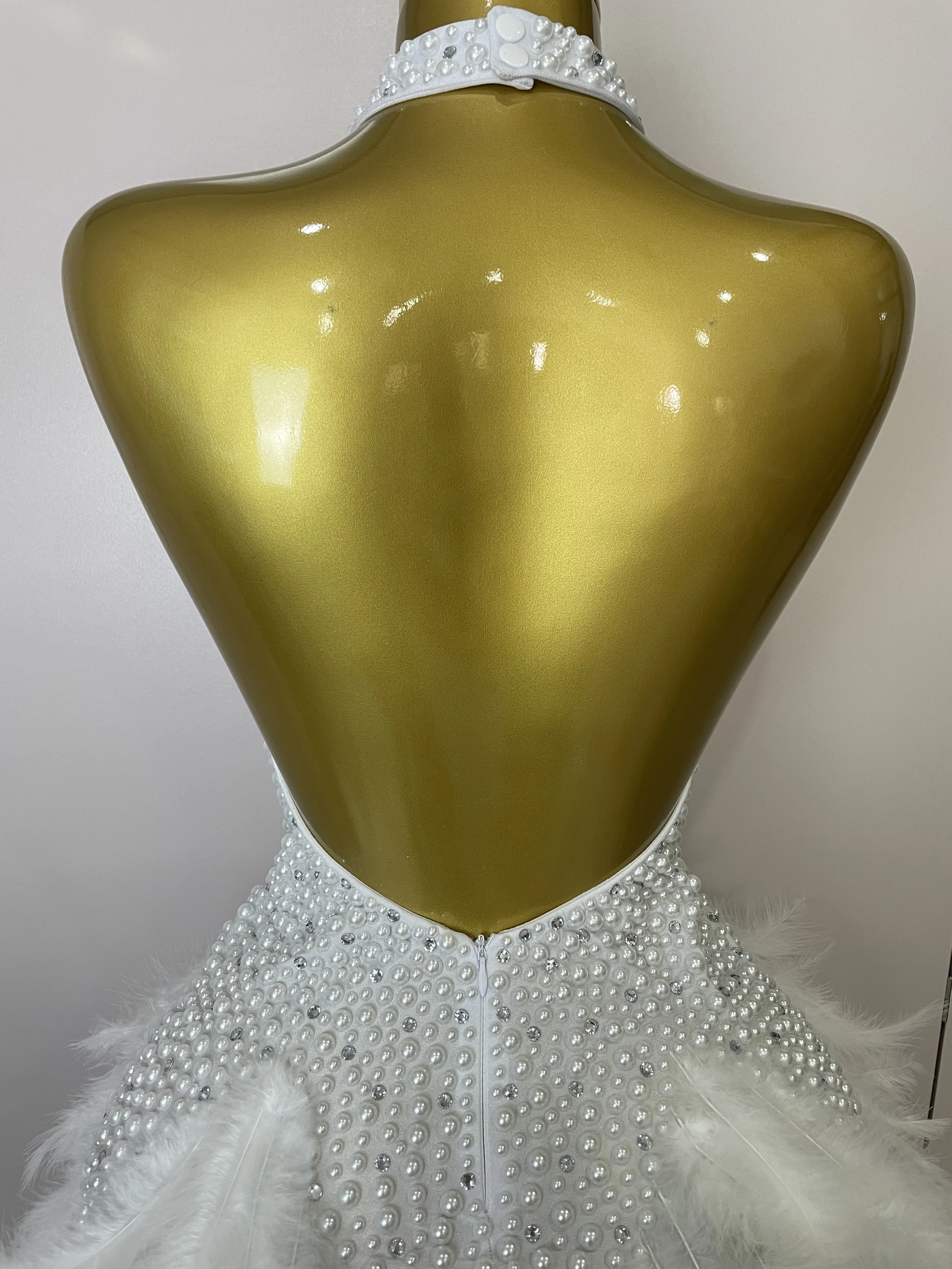 Women Luxury Black Rhinestones Pearls Feathers Halter Backless Short Dress Sexy Celebrate Birthday Dress Nightclub Stage Costume Women Luxury Black Rhinestones Pearls Feathers Halter Backless Short Dress Sexy Celebrate Birthday Dress Nightclub Stage Costume