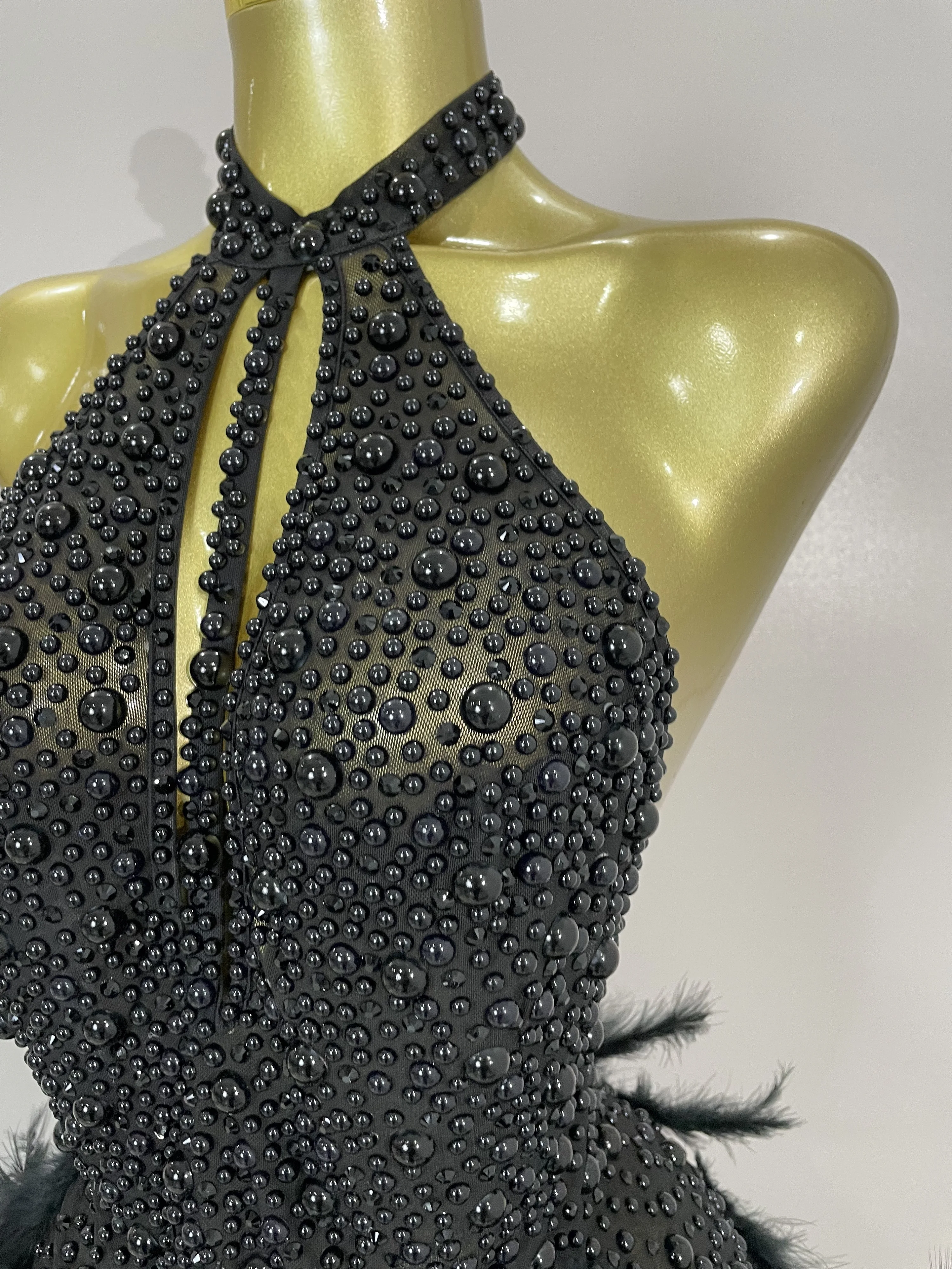 Women Luxury Black Rhinestones Pearls Feathers Halter Backless Short Dress Sexy Celebrate Birthday Dress Nightclub Stage Costume Women Luxury Black Rhinestones Pearls Feathers Halter Backless Short Dress Sexy Celebrate Birthday Dress Nightclub Stage Costume