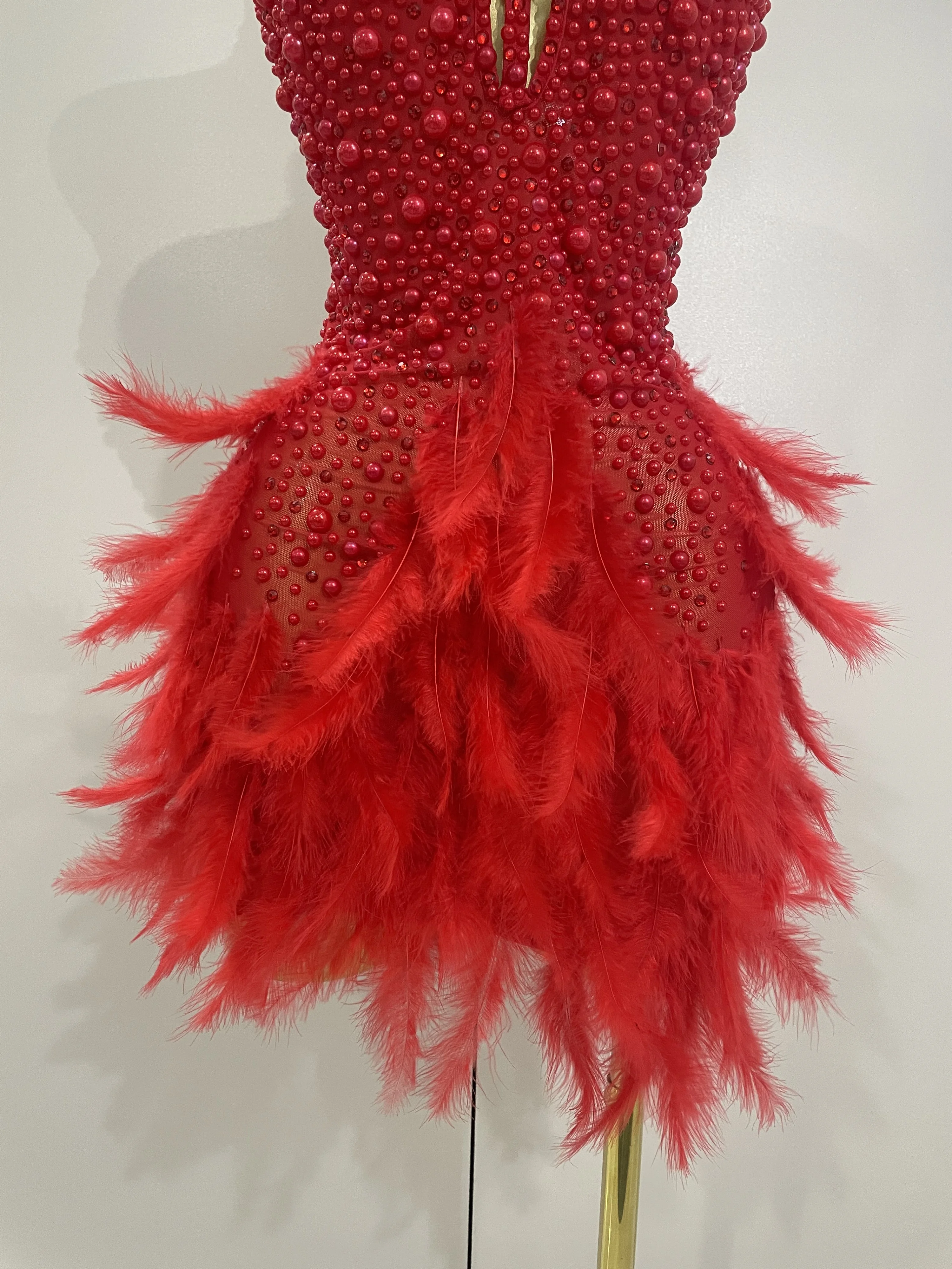 Women Luxury Black Rhinestones Pearls Feathers Halter Backless Short Dress Sexy Celebrate Birthday Dress Nightclub Stage Costume Women Luxury Black Rhinestones Pearls Feathers Halter Backless Short Dress Sexy Celebrate Birthday Dress Nightclub Stage Costume
