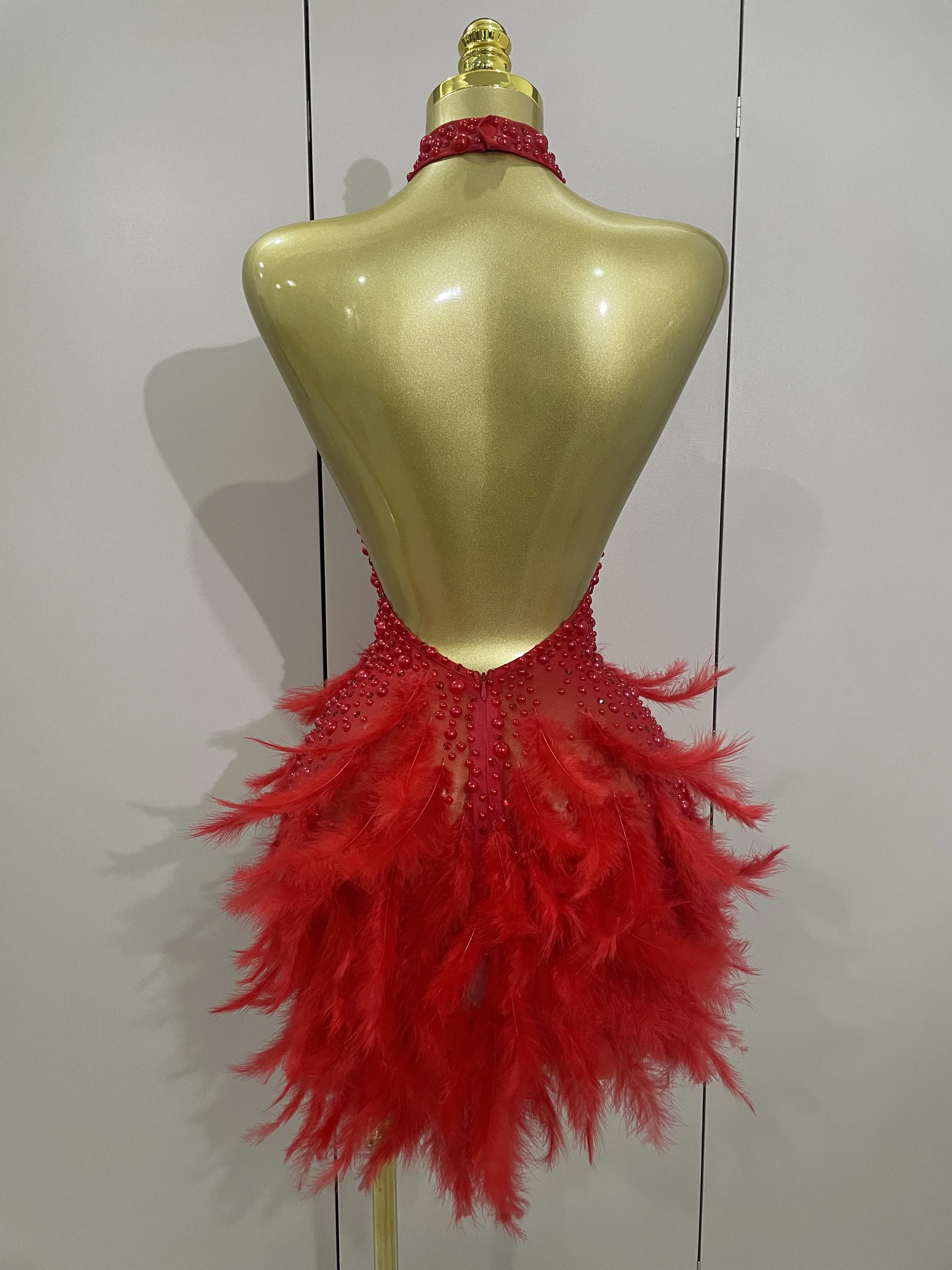 Women Luxury Black Rhinestones Pearls Feathers Halter Backless Short Dress Sexy Celebrate Birthday Dress Nightclub Stage Costume Women Luxury Black Rhinestones Pearls Feathers Halter Backless Short Dress Sexy Celebrate Birthday Dress Nightclub Stage Costume
