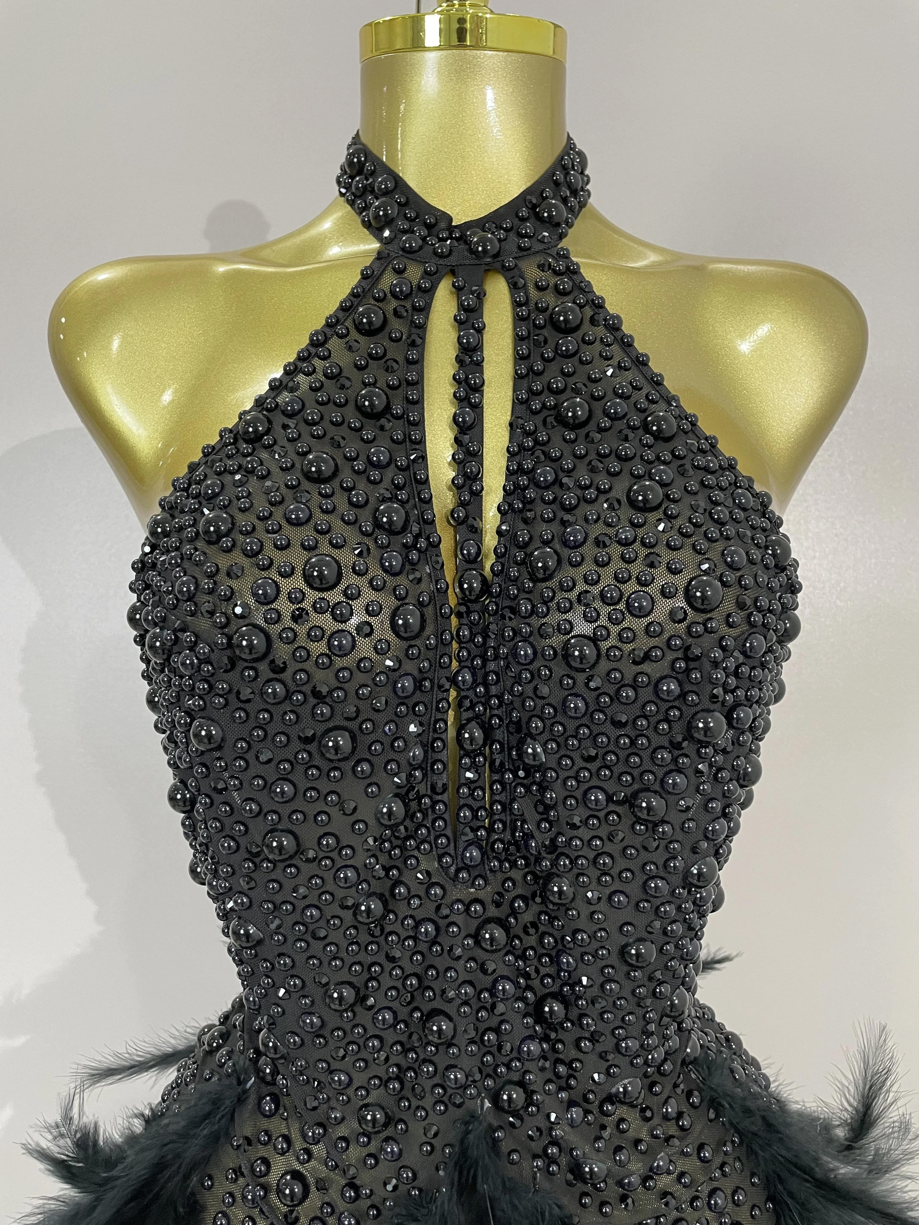 Women Luxury Black Rhinestones Pearls Feathers Halter Backless Short Dress Sexy Celebrate Birthday Dress Nightclub Stage Costume Women Luxury Black Rhinestones Pearls Feathers Halter Backless Short Dress Sexy Celebrate Birthday Dress Nightclub Stage Costume