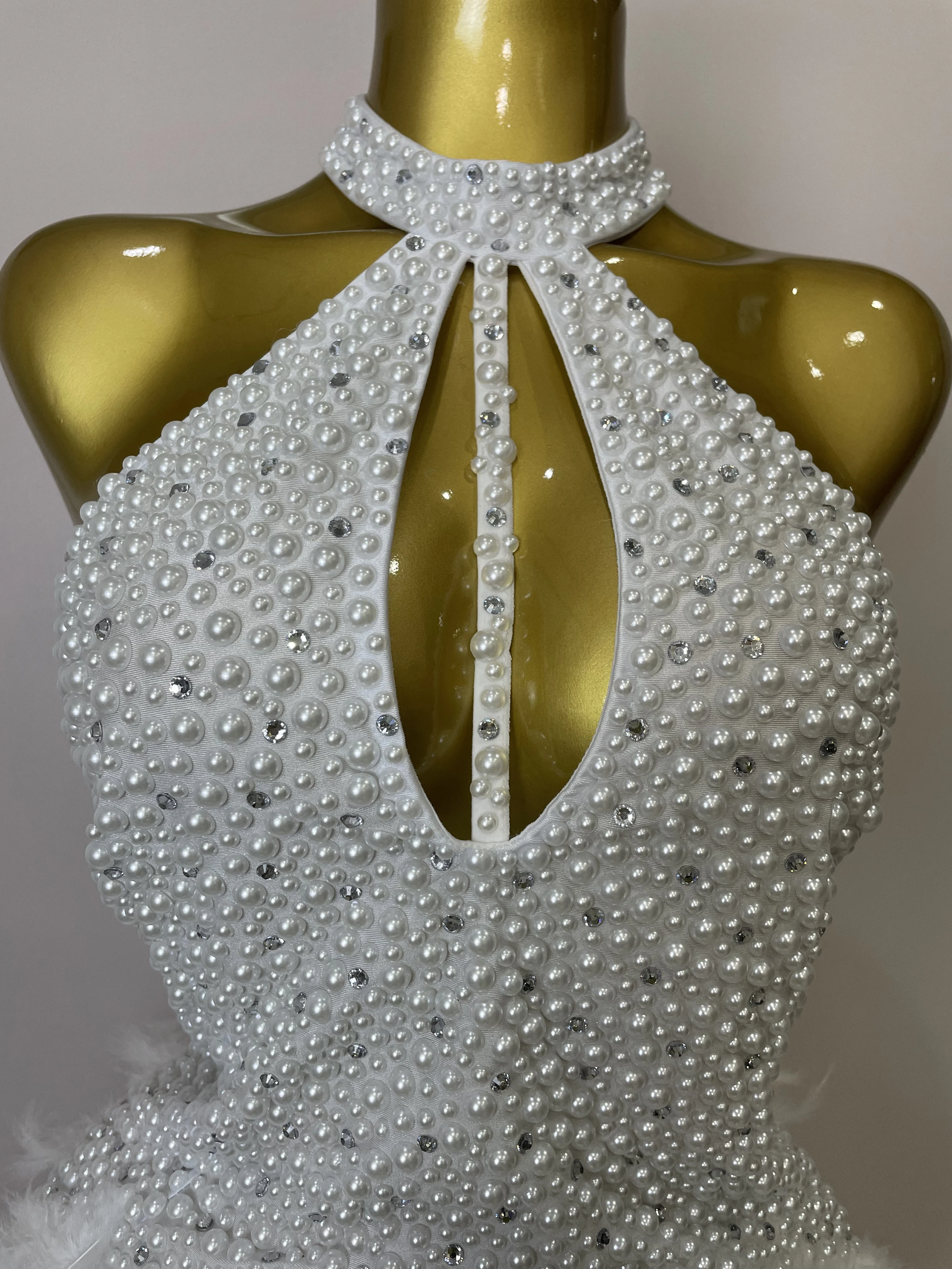 Women Luxury Black Rhinestones Pearls Feathers Halter Backless Short Dress Sexy Celebrate Birthday Dress Nightclub Stage Costume Women Luxury Black Rhinestones Pearls Feathers Halter Backless Short Dress Sexy Celebrate Birthday Dress Nightclub Stage Costume