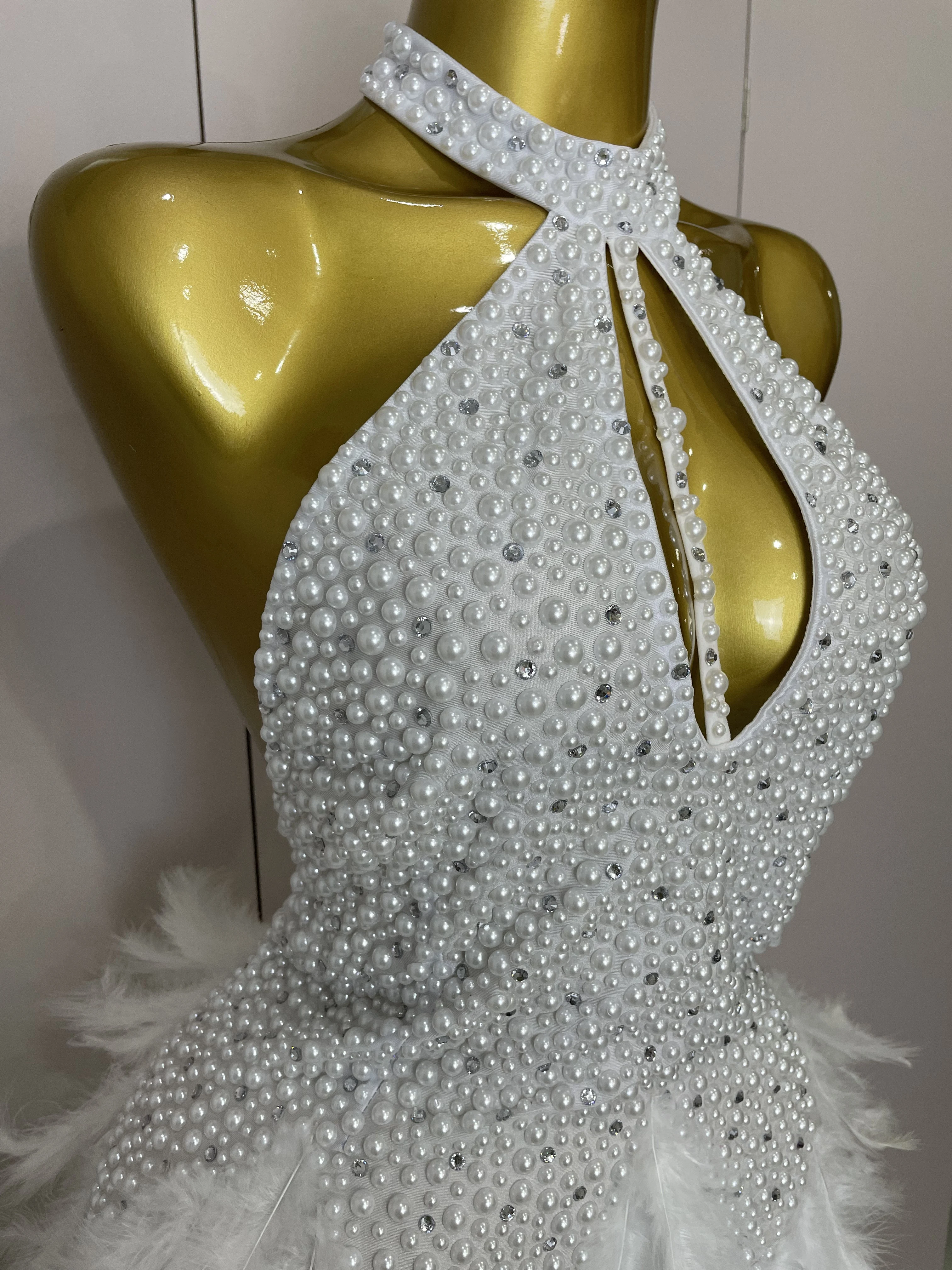 Women Luxury Black Rhinestones Pearls Feathers Halter Backless Short Dress Sexy Celebrate Birthday Dress Nightclub Stage Costume Women Luxury Black Rhinestones Pearls Feathers Halter Backless Short Dress Sexy Celebrate Birthday Dress Nightclub Stage Costume