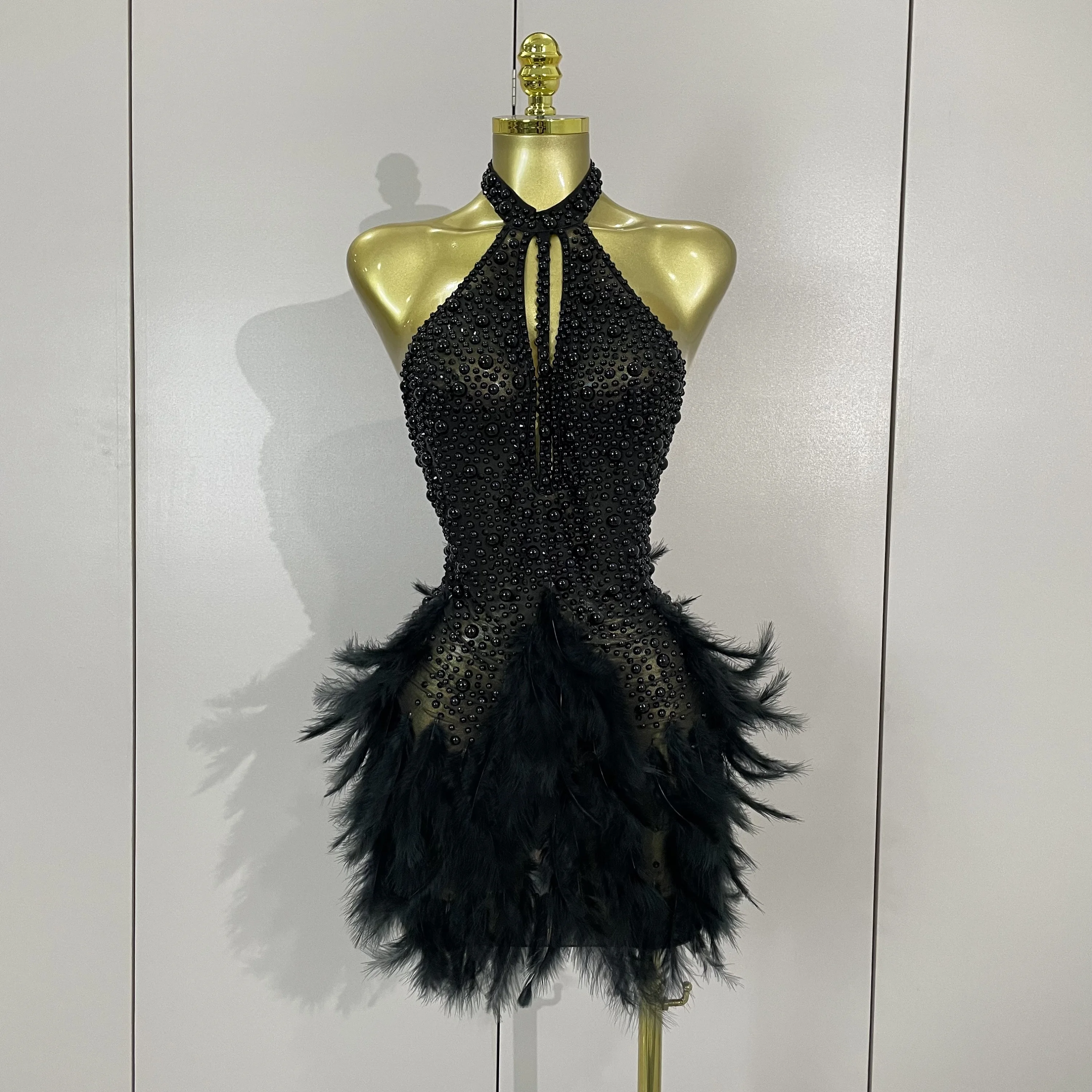 Luxury Black Rhinestones Pearls Feathers Halter Backless Short Dress