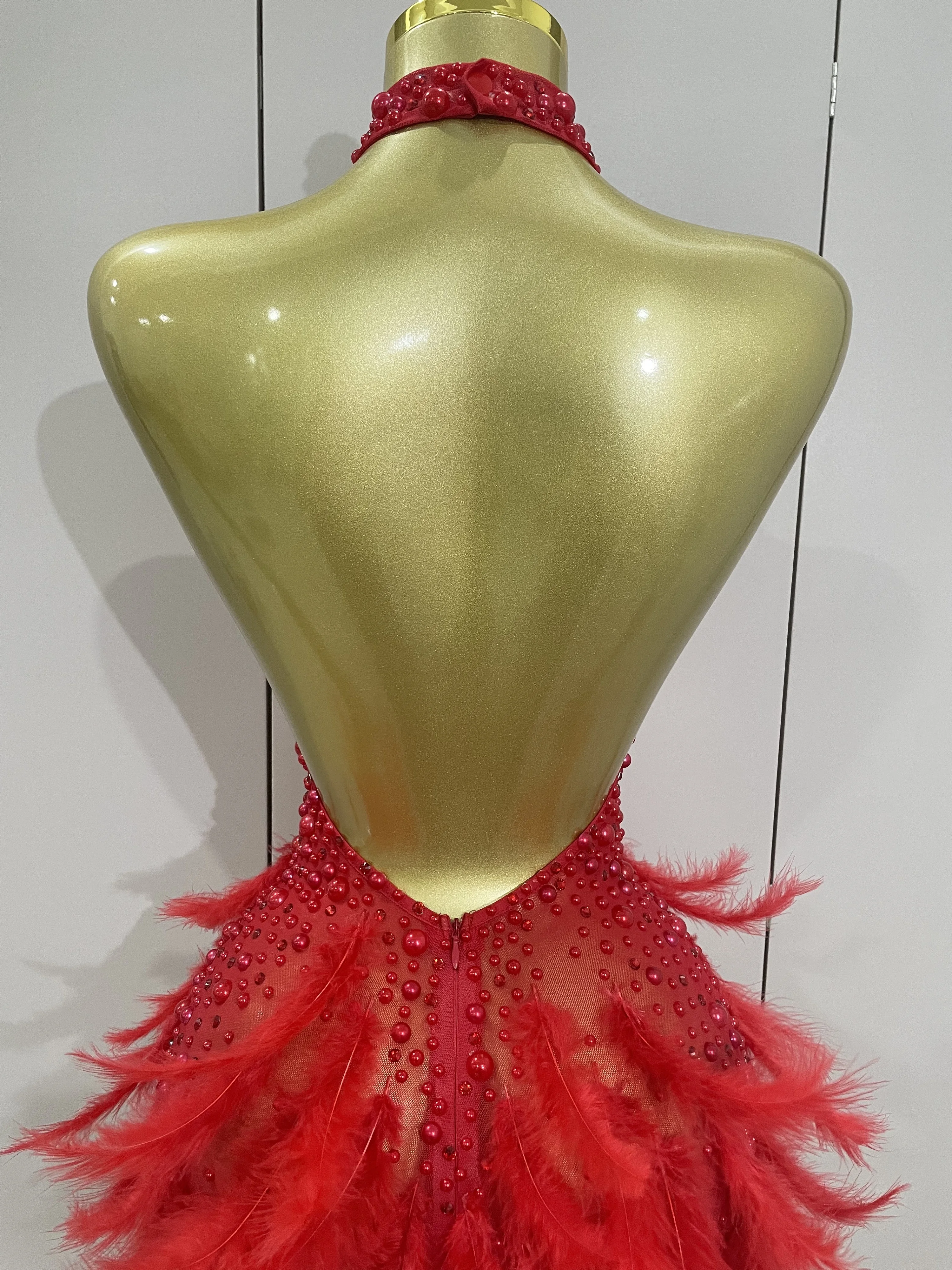 Women Luxury Black Rhinestones Pearls Feathers Halter Backless Short Dress Sexy Celebrate Birthday Dress Nightclub Stage Costume Women Luxury Black Rhinestones Pearls Feathers Halter Backless Short Dress Sexy Celebrate Birthday Dress Nightclub Stage Costume