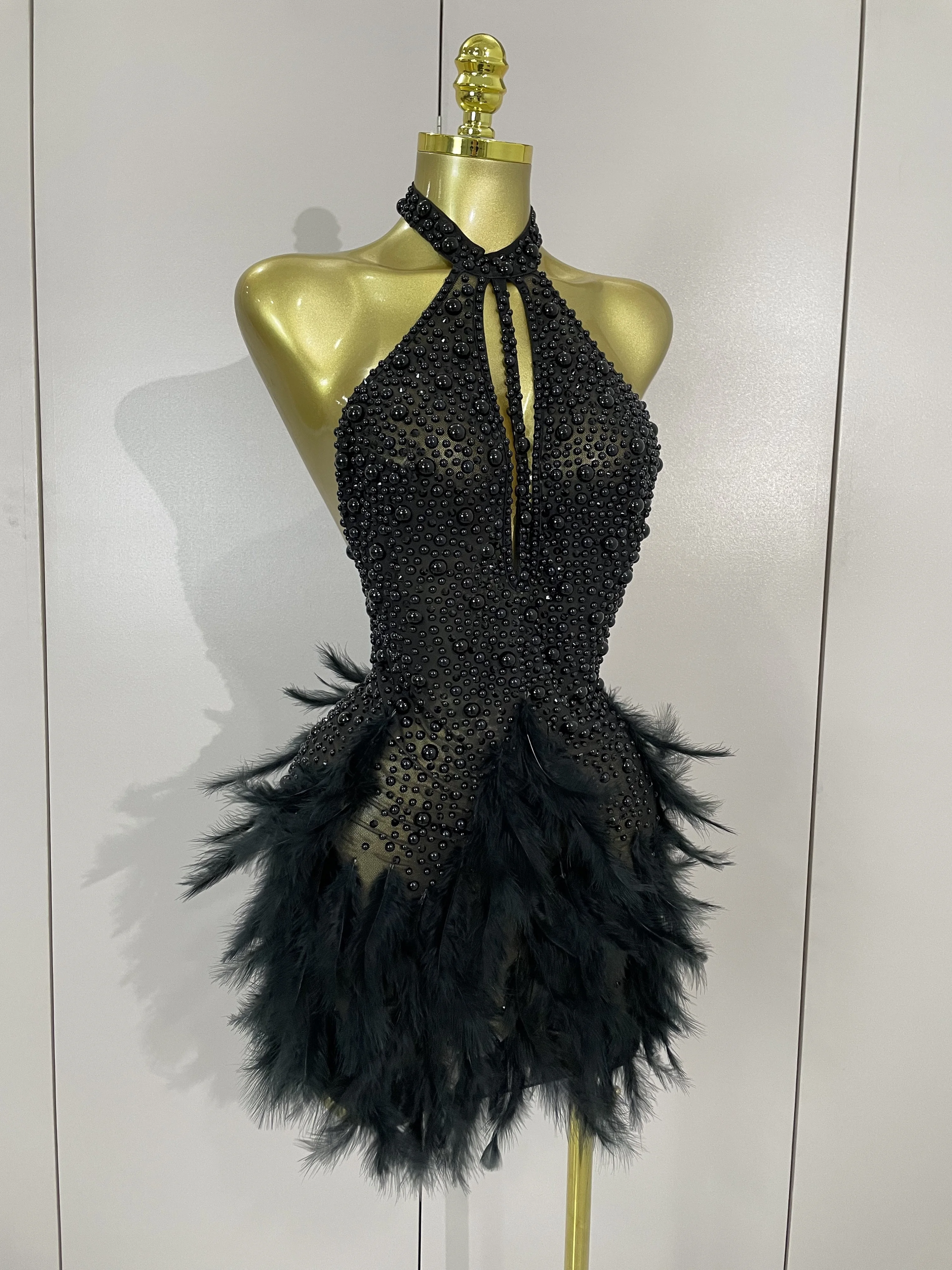 Women Luxury Black Rhinestones Pearls Feathers Halter Backless Short Dress Sexy Celebrate Birthday Dress Nightclub Stage Costume Women Luxury Black Rhinestones Pearls Feathers Halter Backless Short Dress Sexy Celebrate Birthday Dress Nightclub Stage Costume
