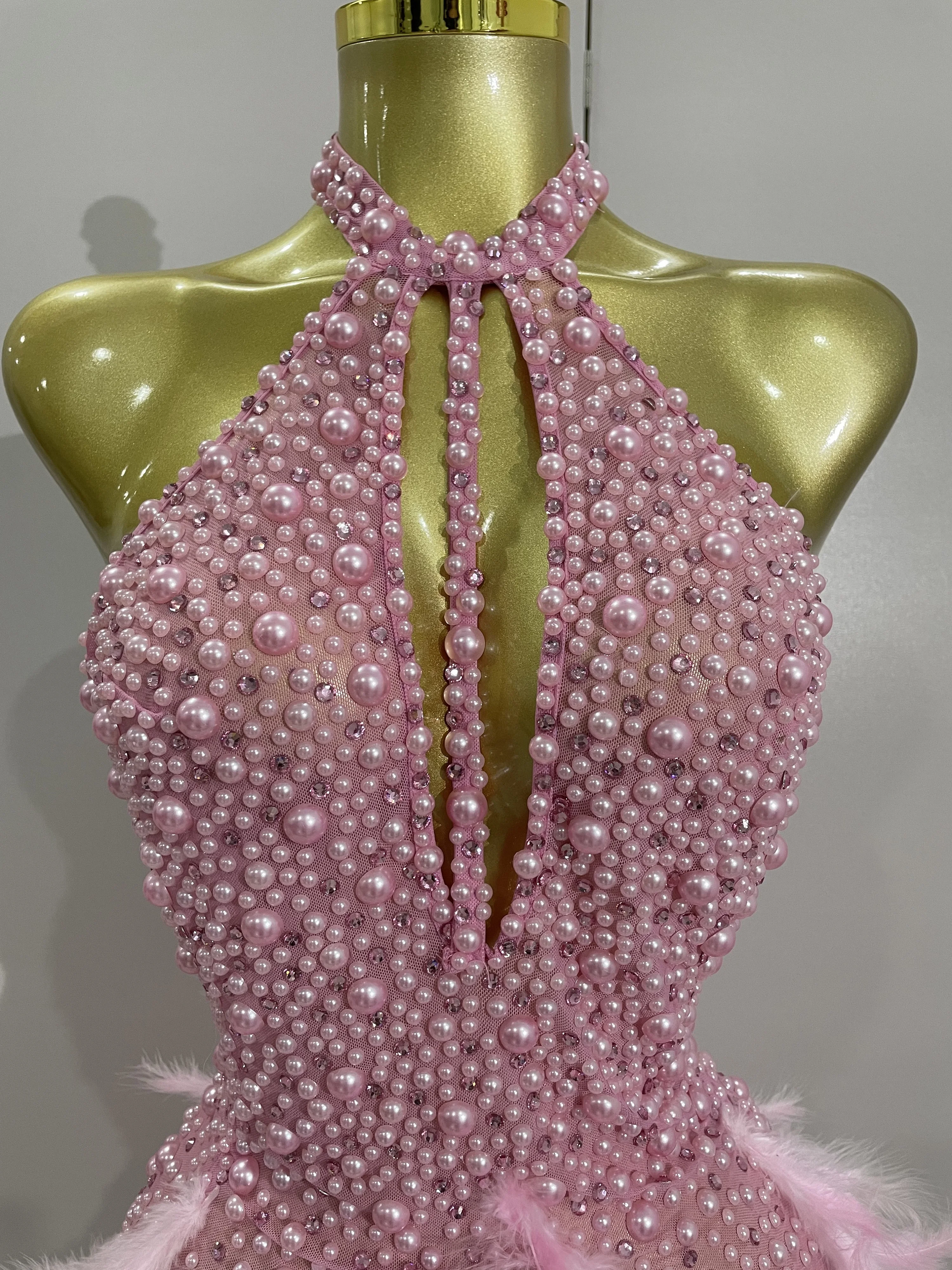 Women Luxury Black Rhinestones Pearls Feathers Halter Backless Short Dress Sexy Celebrate Birthday Dress Nightclub Stage Costume Women Luxury Black Rhinestones Pearls Feathers Halter Backless Short Dress Sexy Celebrate Birthday Dress Nightclub Stage Costume
