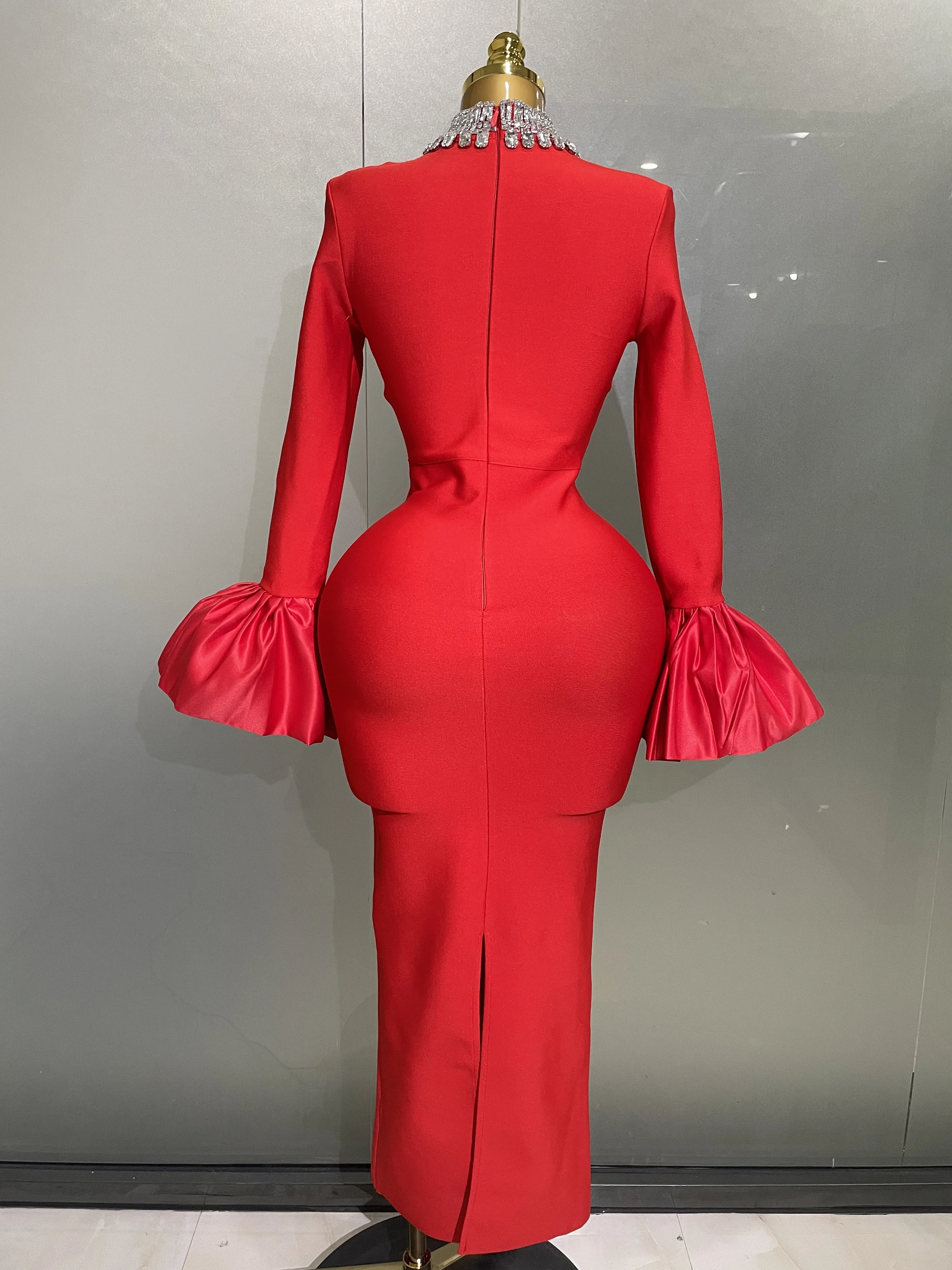 2025 Women Sexy Flare Sleeve Sparkly Crystal Black Bodycon Bandage Long Dress Elegant Evening Party Celebrate Red Carpet Dress