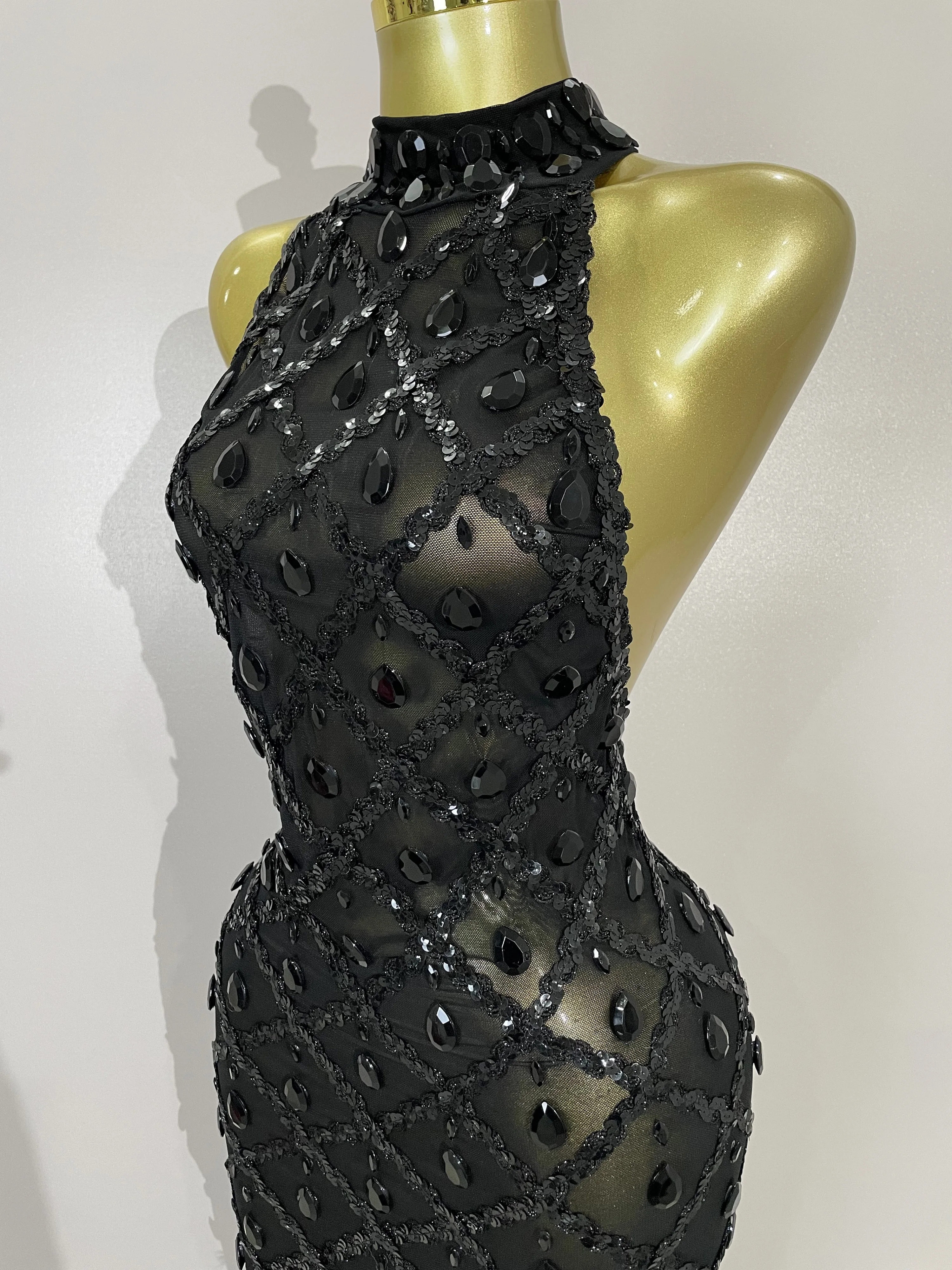 Luxury Sparkly Red Rhinestones Feather Sexy Mesh See Through Long Dress Women Birthday Evening Nightclub DJ Dancer Stage Costume