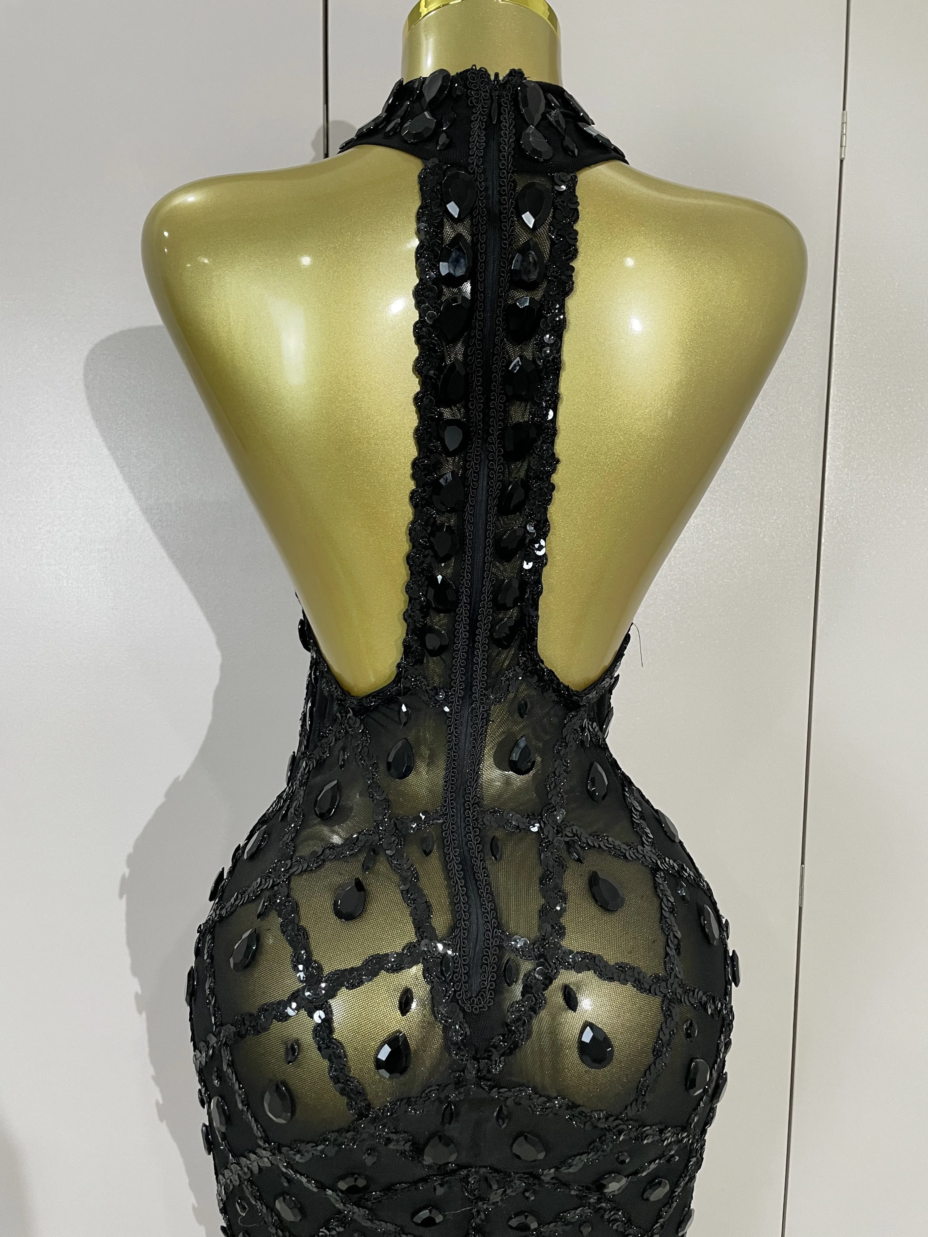 Luxury Sparkly Red Rhinestones Feather Sexy Mesh See Through Long Dress Women Birthday Evening Nightclub DJ Dancer Stage Costume