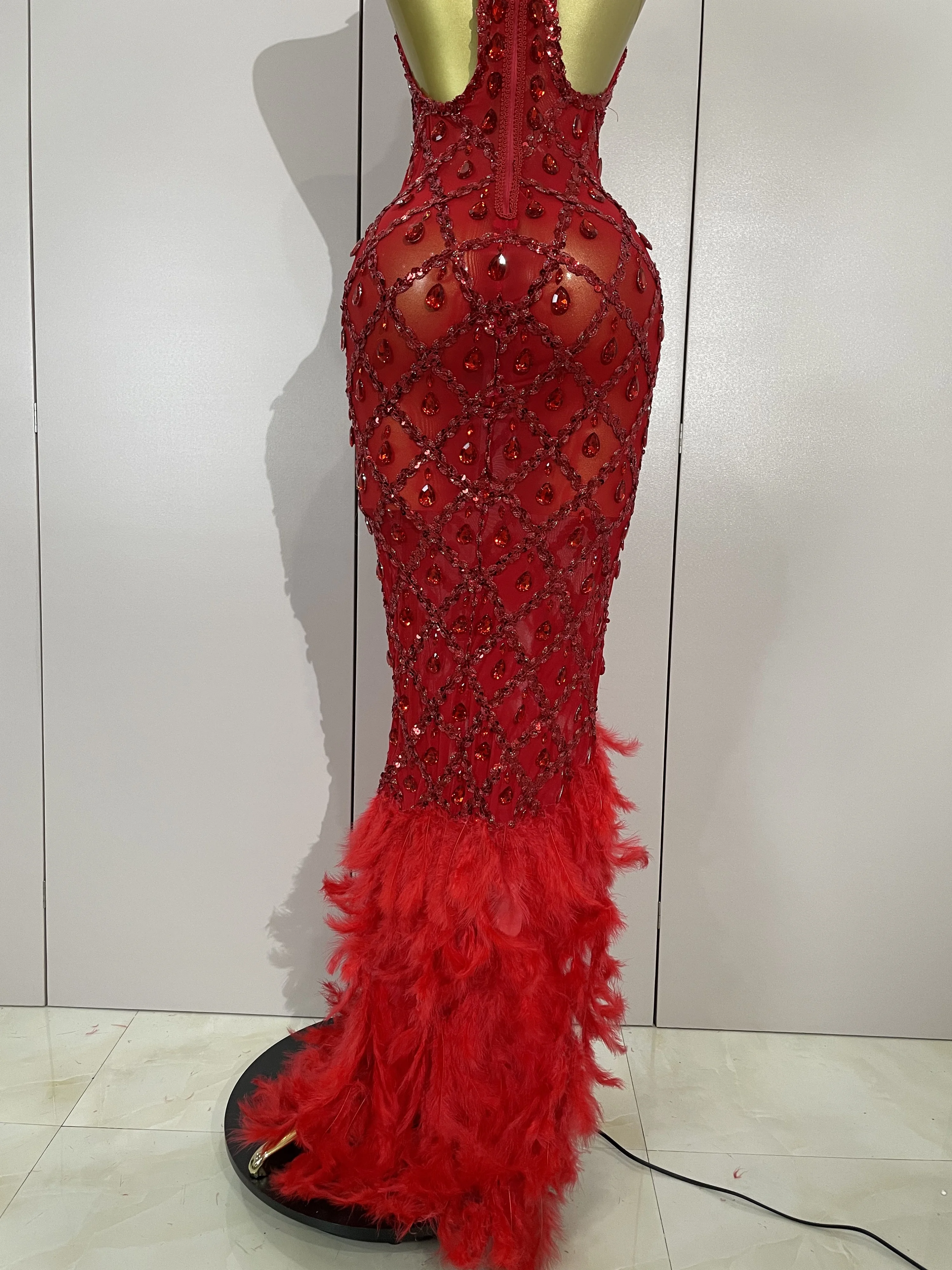 Luxury Sparkly Red Rhinestones Feather Sexy Mesh See Through Long Dress Women Birthday Evening Nightclub DJ Dancer Stage Costume