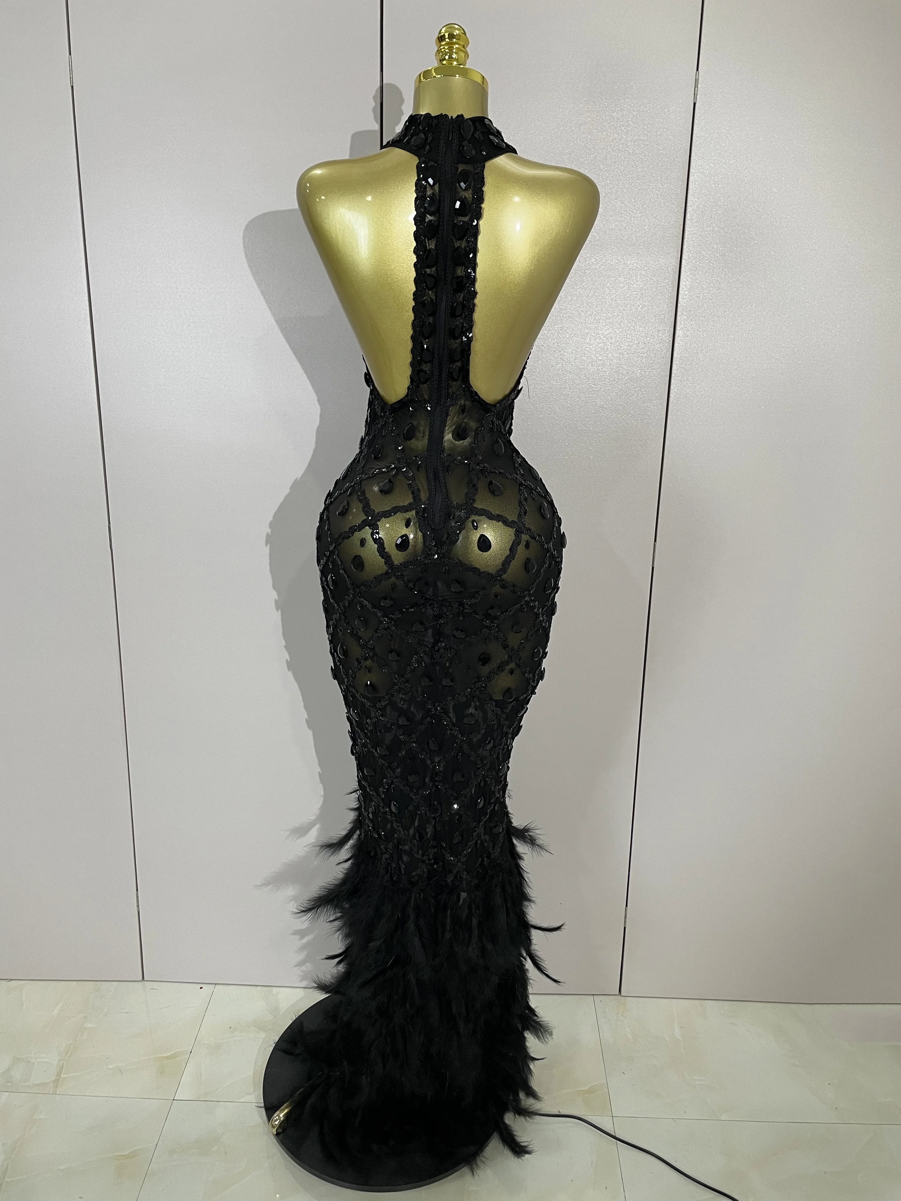 Luxury Sparkly Red Rhinestones Feather Sexy Mesh See Through Long Dress Women Birthday Evening Nightclub DJ Dancer Stage Costume