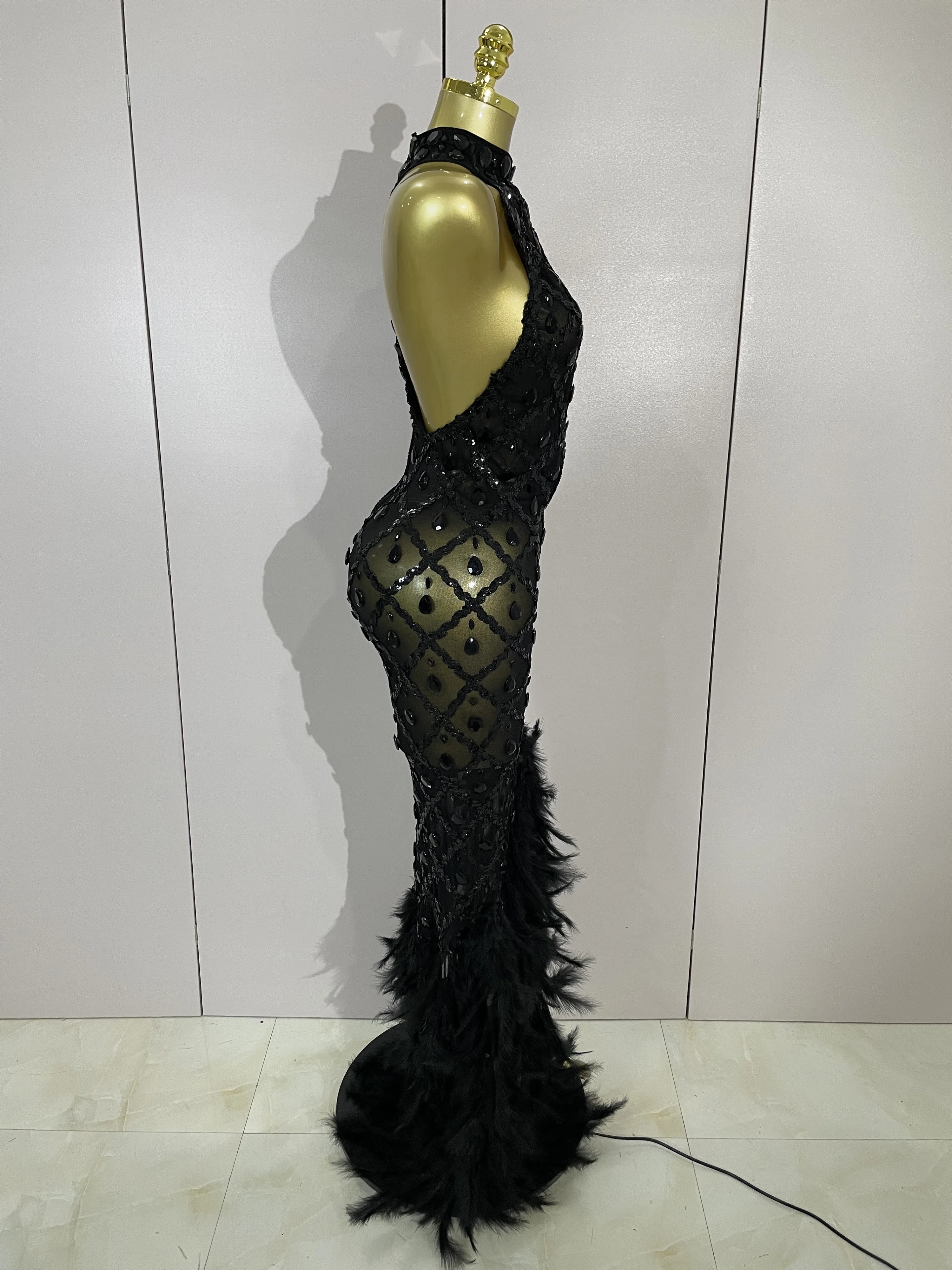 Luxury Sparkly Red Rhinestones Feather Sexy Mesh See Through Long Dress Women Birthday Evening Nightclub DJ Dancer Stage Costume