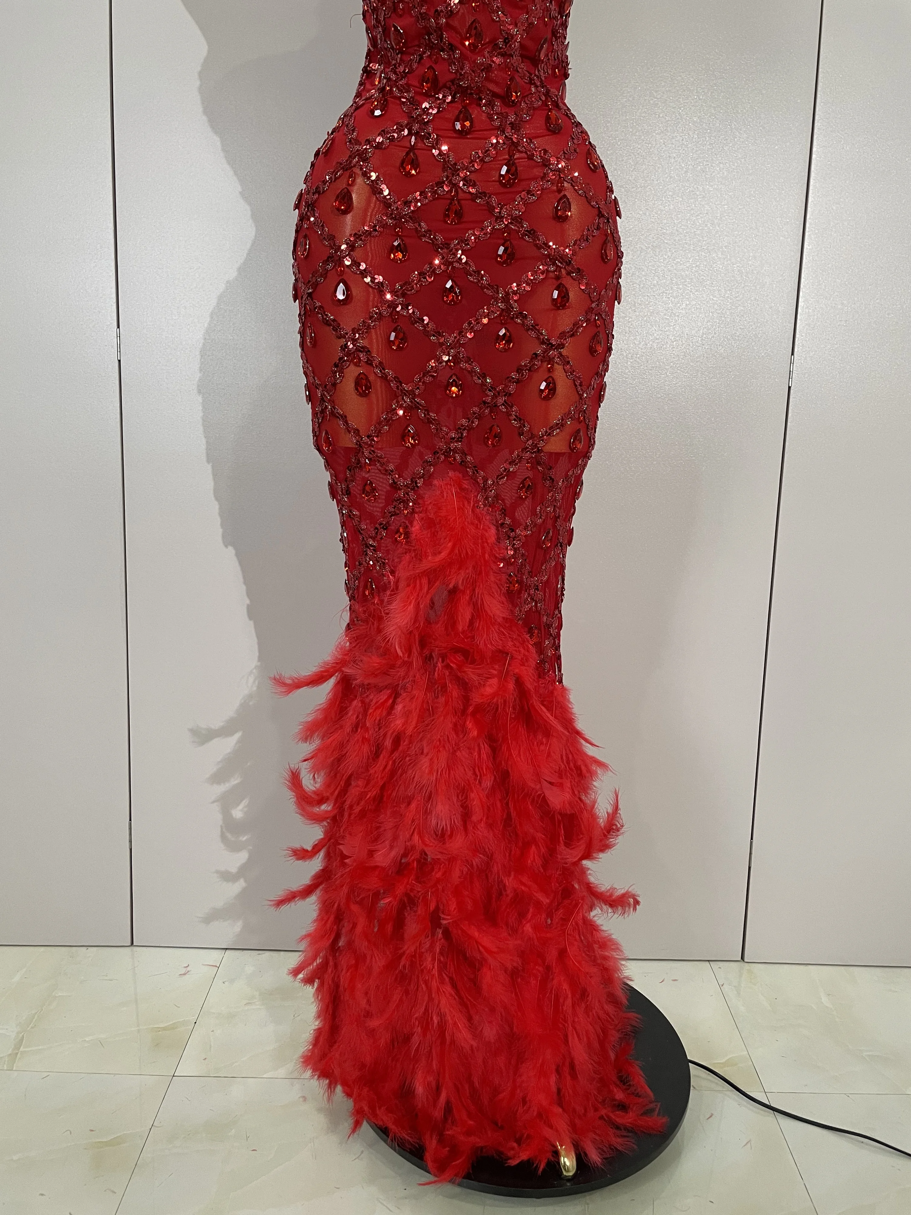 Luxury Sparkly Red Rhinestones Feather Sexy Mesh See Through Long Dress Women Birthday Evening Nightclub DJ Dancer Stage Costume
