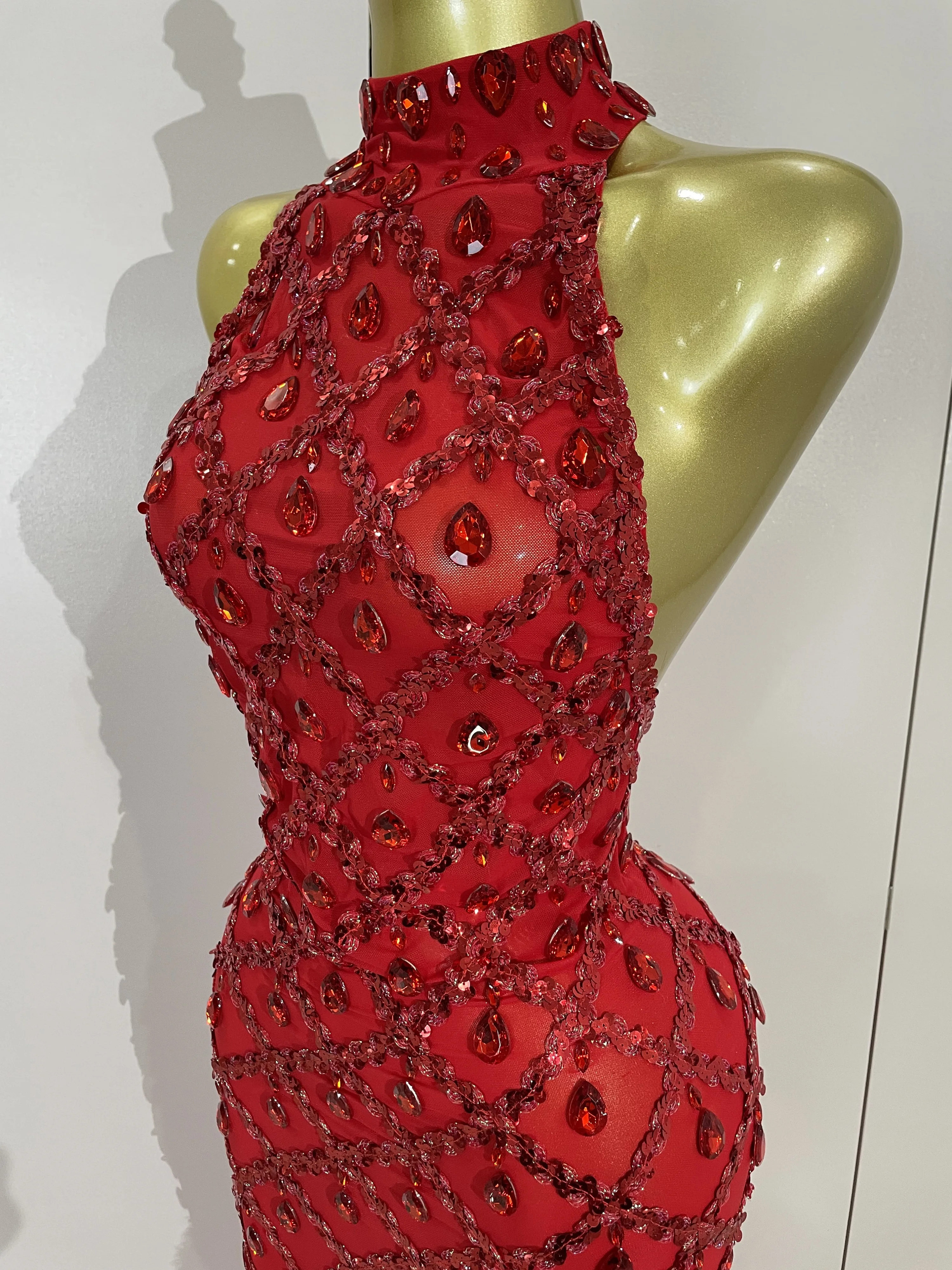 Luxury Sparkly Red Rhinestones Feather Sexy Mesh See Through Long Dress Women Birthday Evening Nightclub DJ Dancer Stage Costume