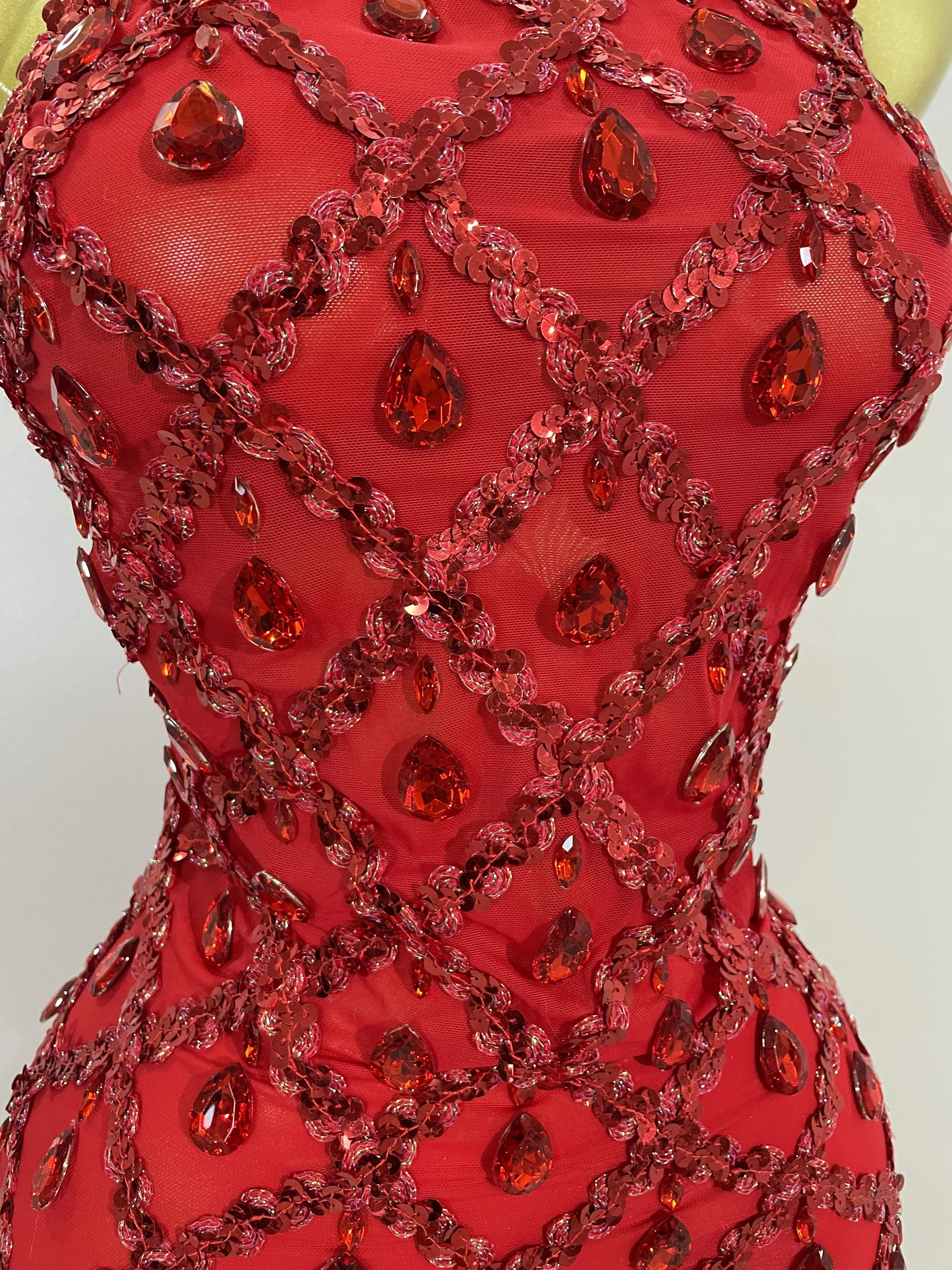 Luxury Sparkly Red Rhinestones Feather Sexy Mesh See Through Long Dress Women Birthday Evening Nightclub DJ Dancer Stage Costume