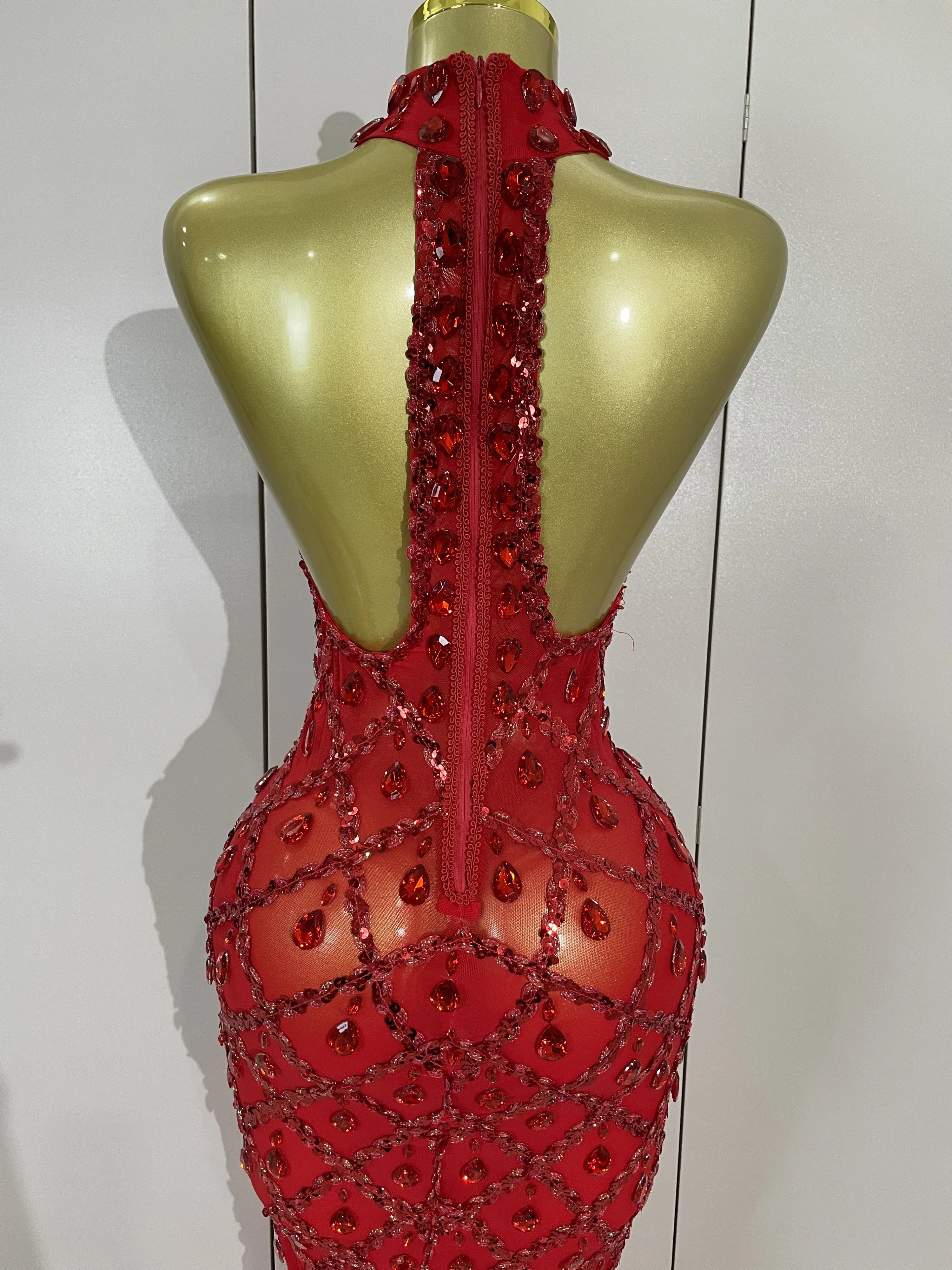 Luxury Sparkly Red Rhinestones Feather Sexy Mesh See Through Long Dress Women Birthday Evening Nightclub DJ Dancer Stage Costume