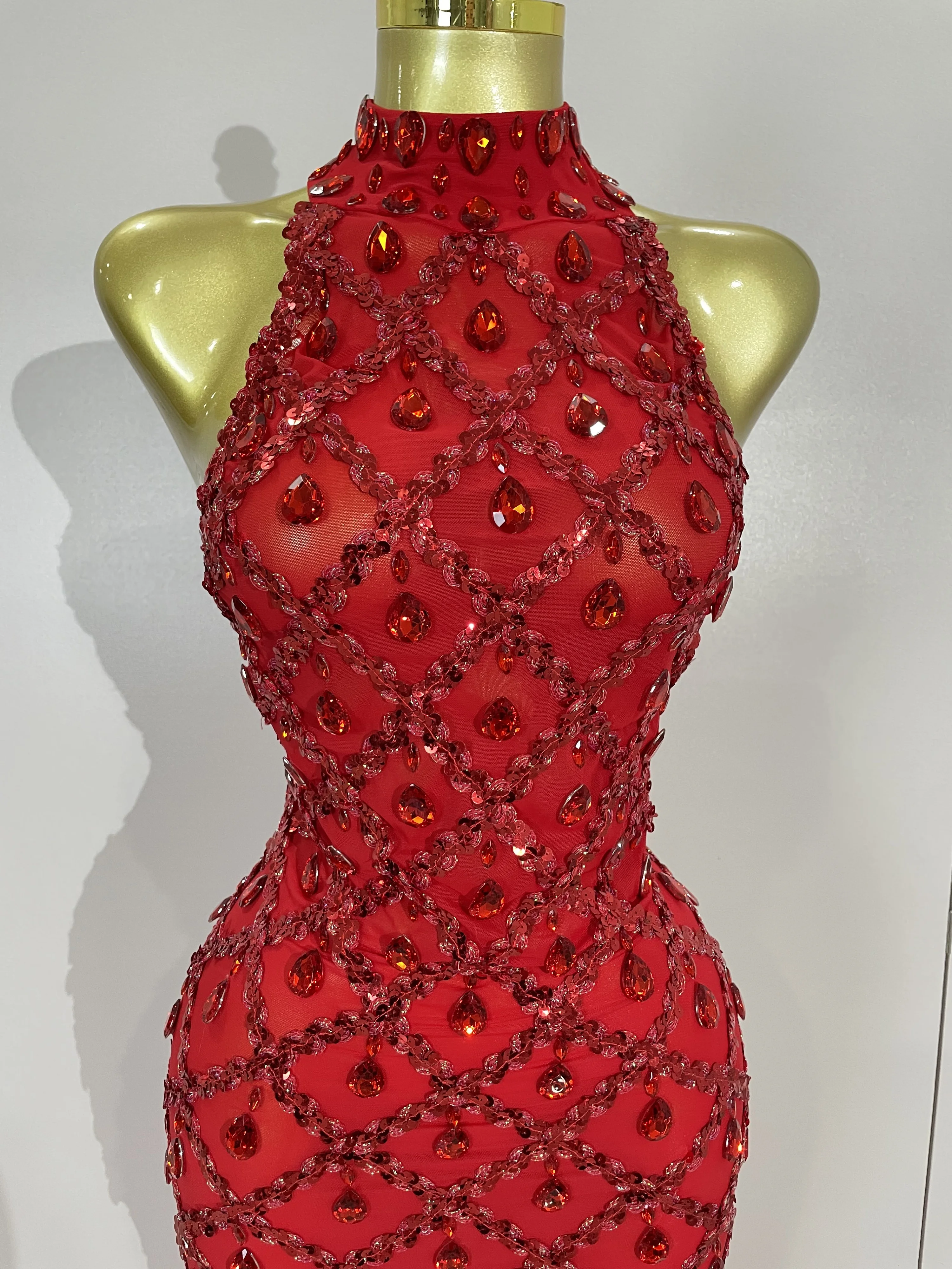 Luxury Sparkly Red Rhinestones Feather Sexy Mesh See Through Long Dress Women Birthday Evening Nightclub DJ Dancer Stage Costume