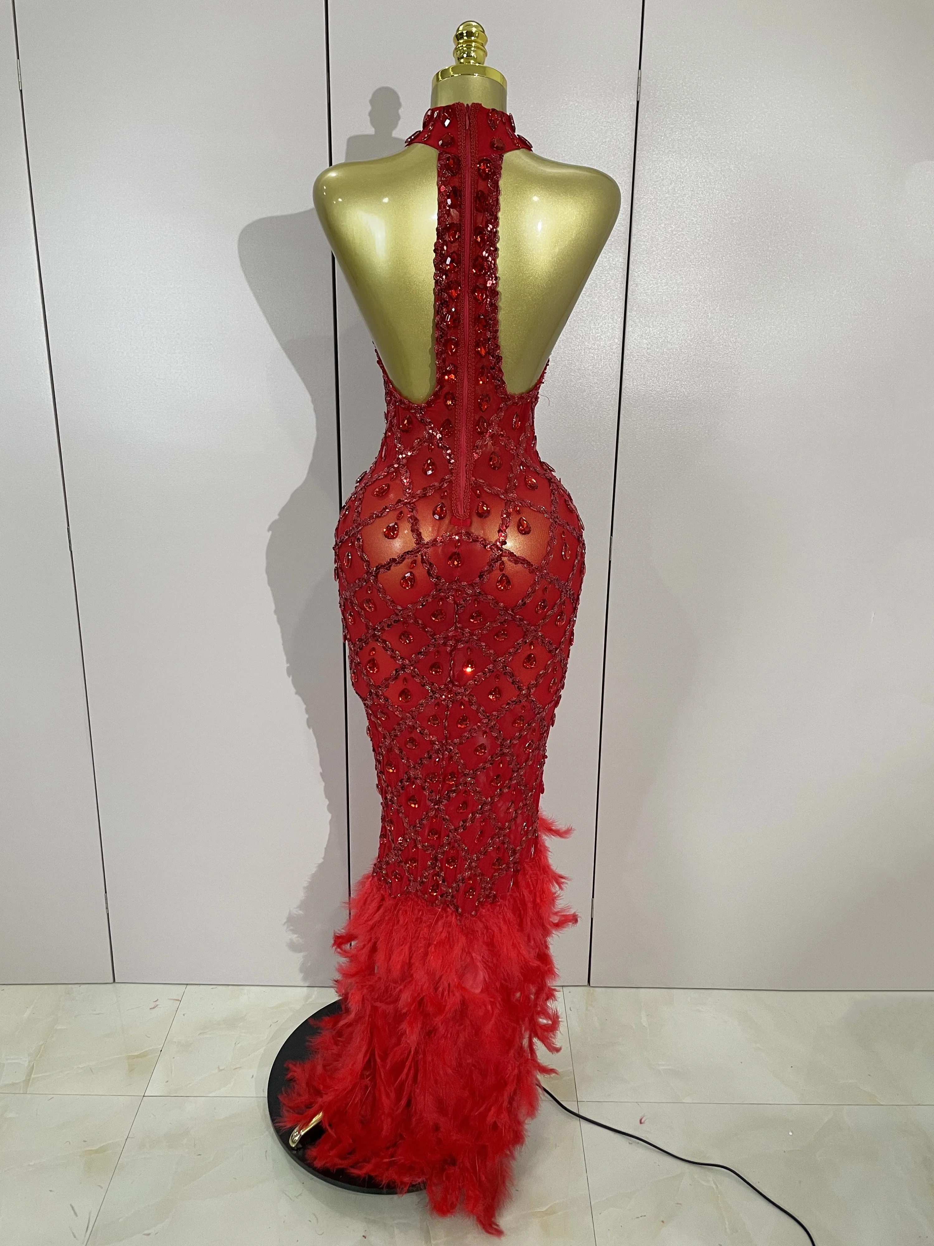 Luxury Sparkly Red Rhinestones Feather Sexy Mesh See Through Long Dress Women Birthday Evening Nightclub DJ Dancer Stage Costume
