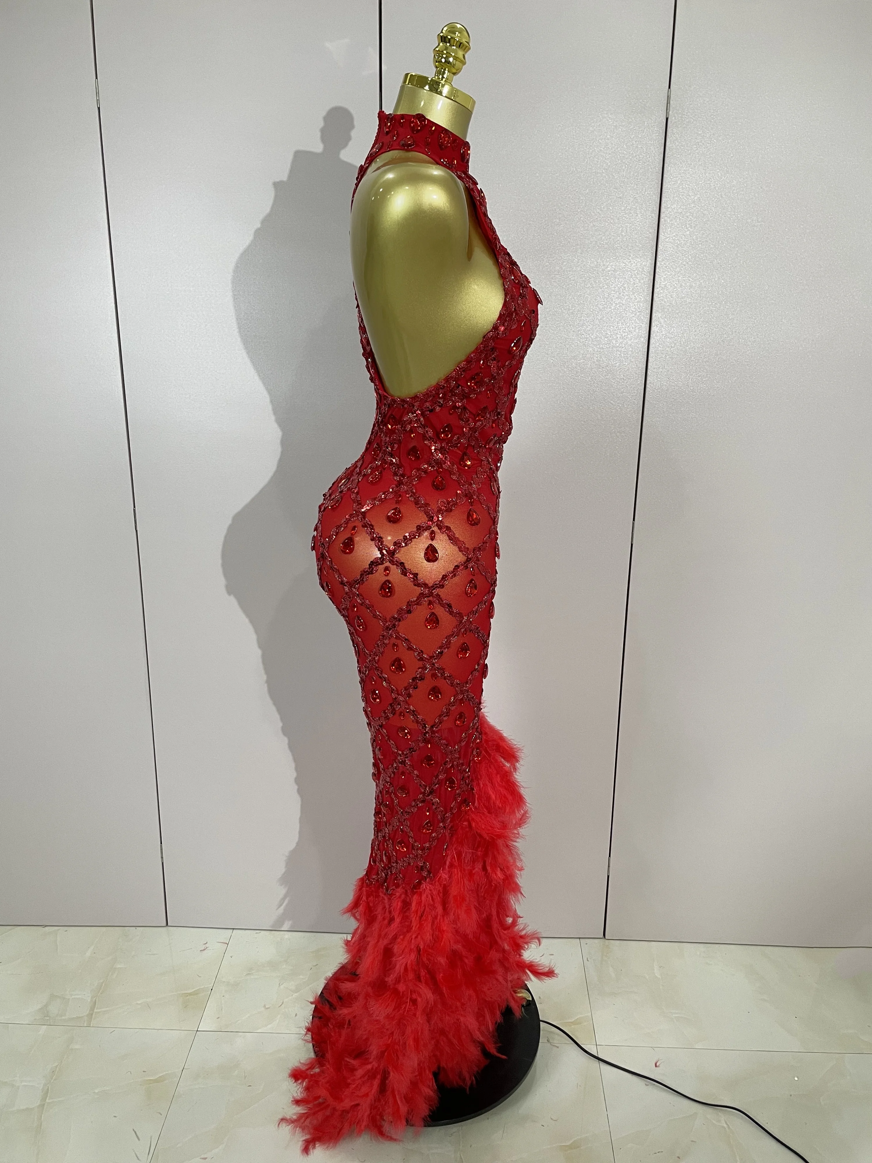 Luxury Sparkly Red Rhinestones Feather Sexy Mesh See Through Long Dress Women Birthday Evening Nightclub DJ Dancer Stage Costume