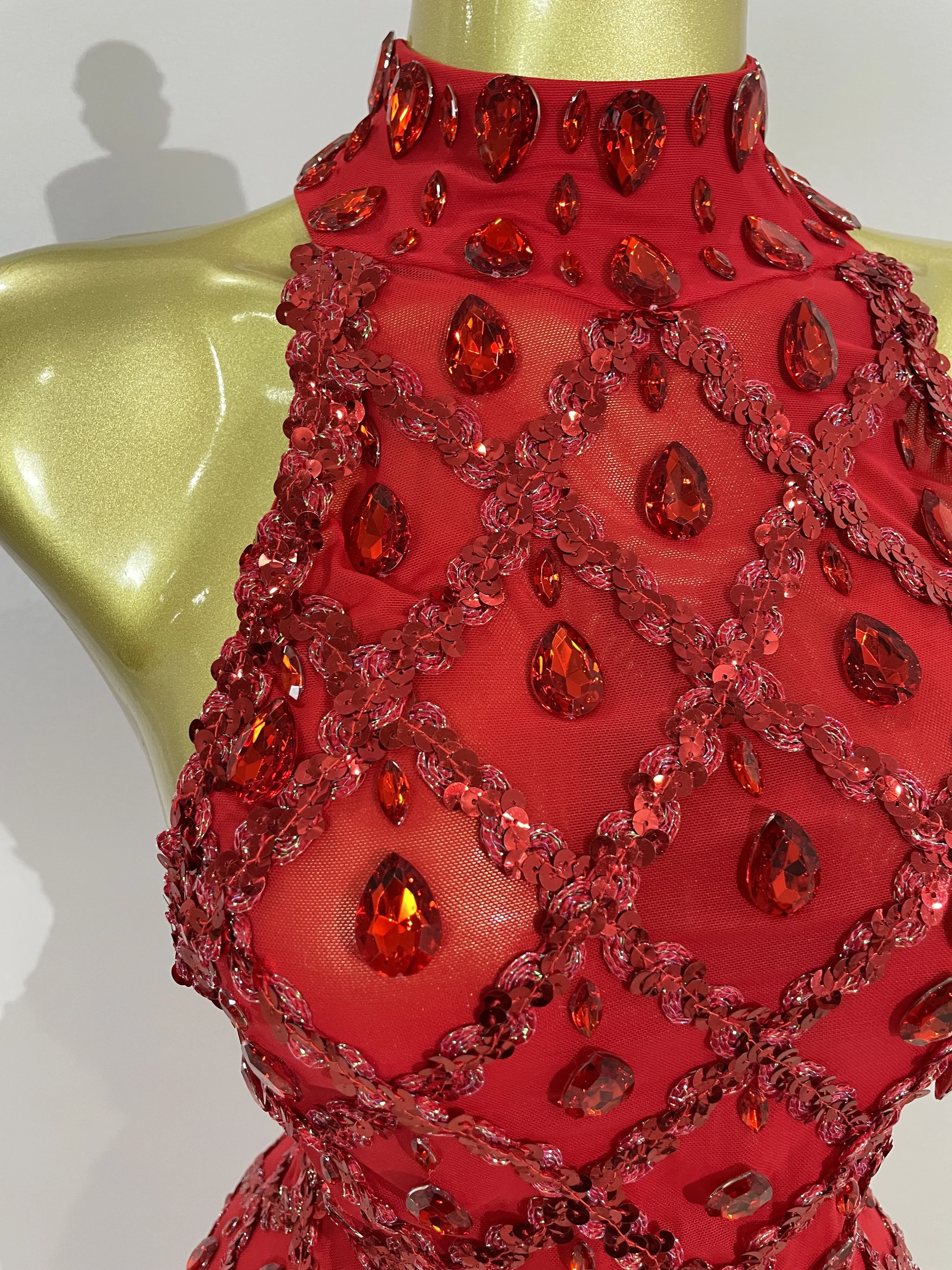 Luxury Sparkly Red Rhinestones Feather Sexy Mesh See Through Long Dress Women Birthday Evening Nightclub DJ Dancer Stage Costume