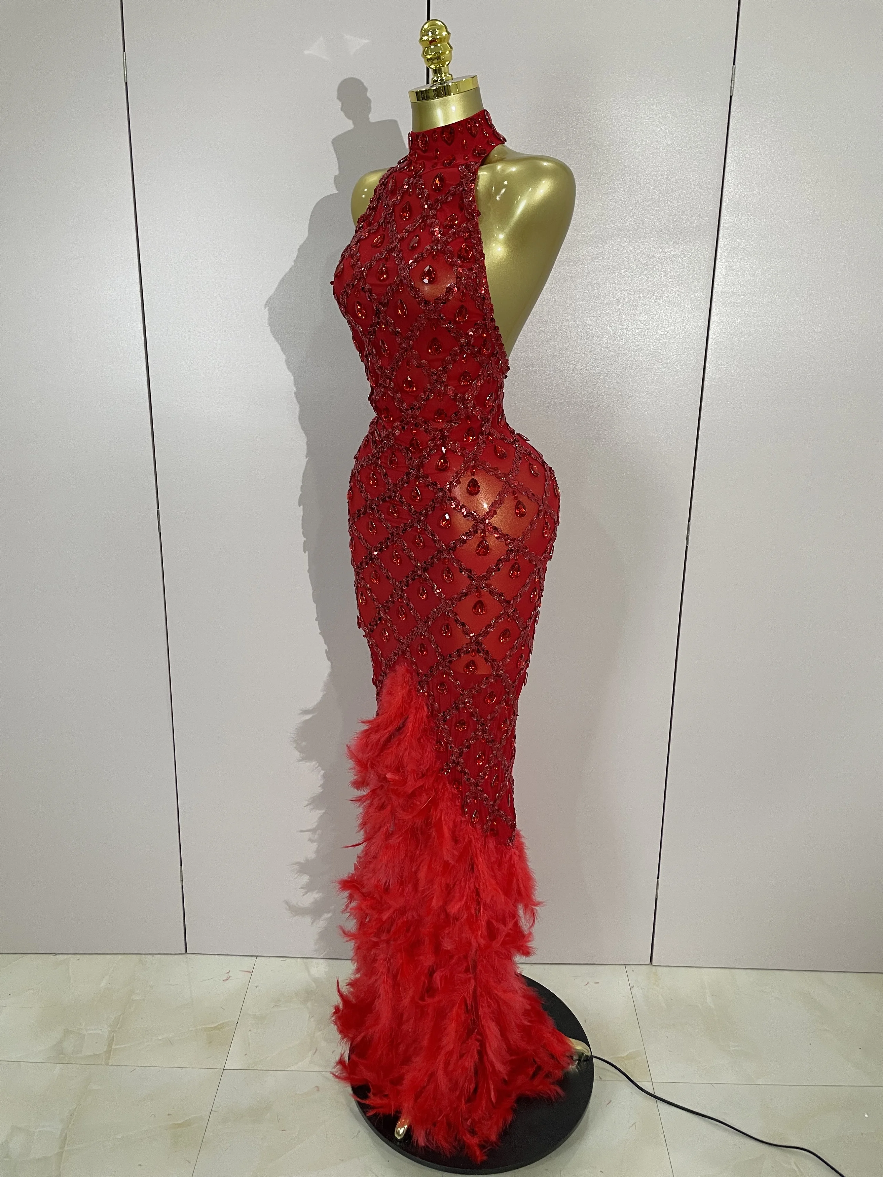 Luxury Sparkly Red Rhinestones Feather Sexy Mesh See Through Long Dress Women Birthday Evening Nightclub DJ Dancer Stage Costume