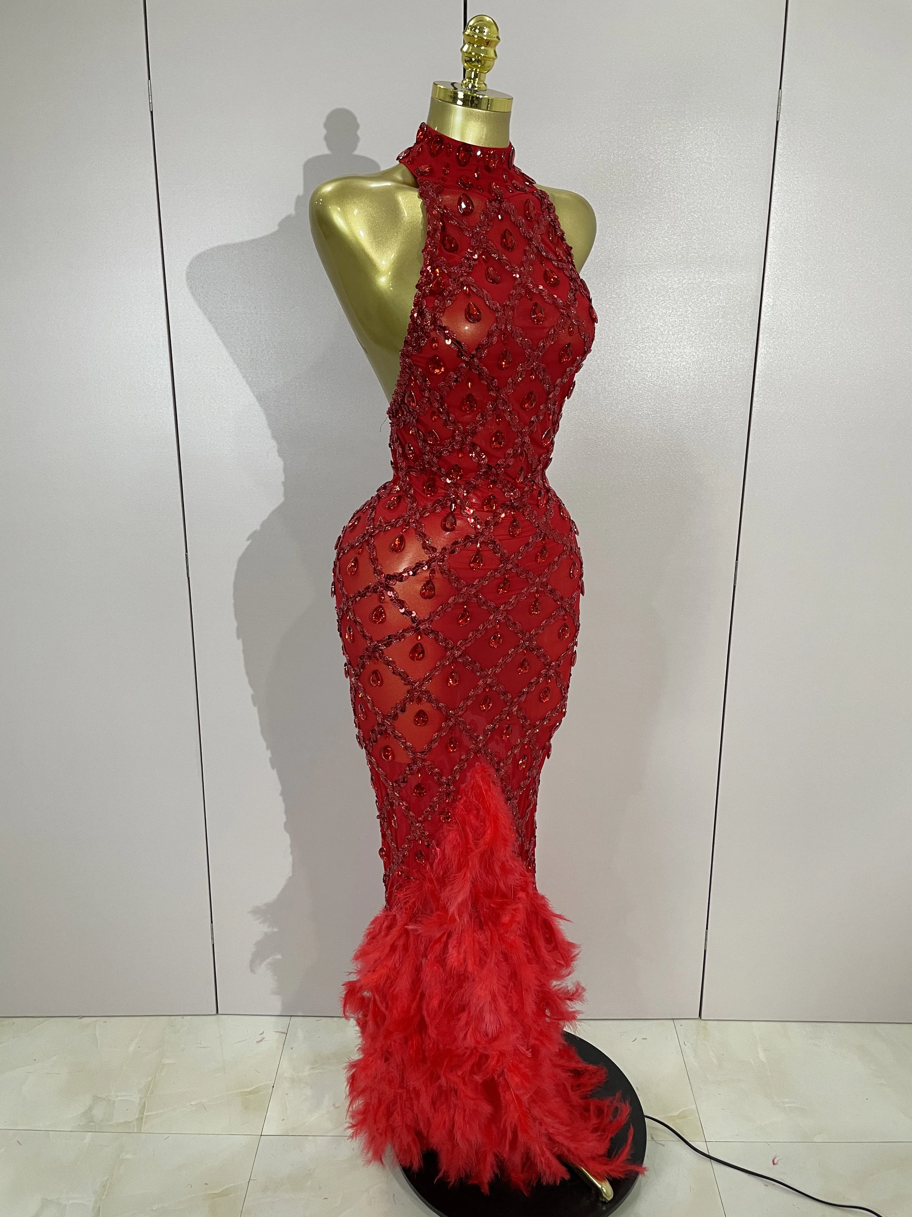 Luxury Sparkly Red Rhinestones Feather Sexy Mesh See Through Long Dress Women Birthday Evening Nightclub DJ Dancer Stage Costume