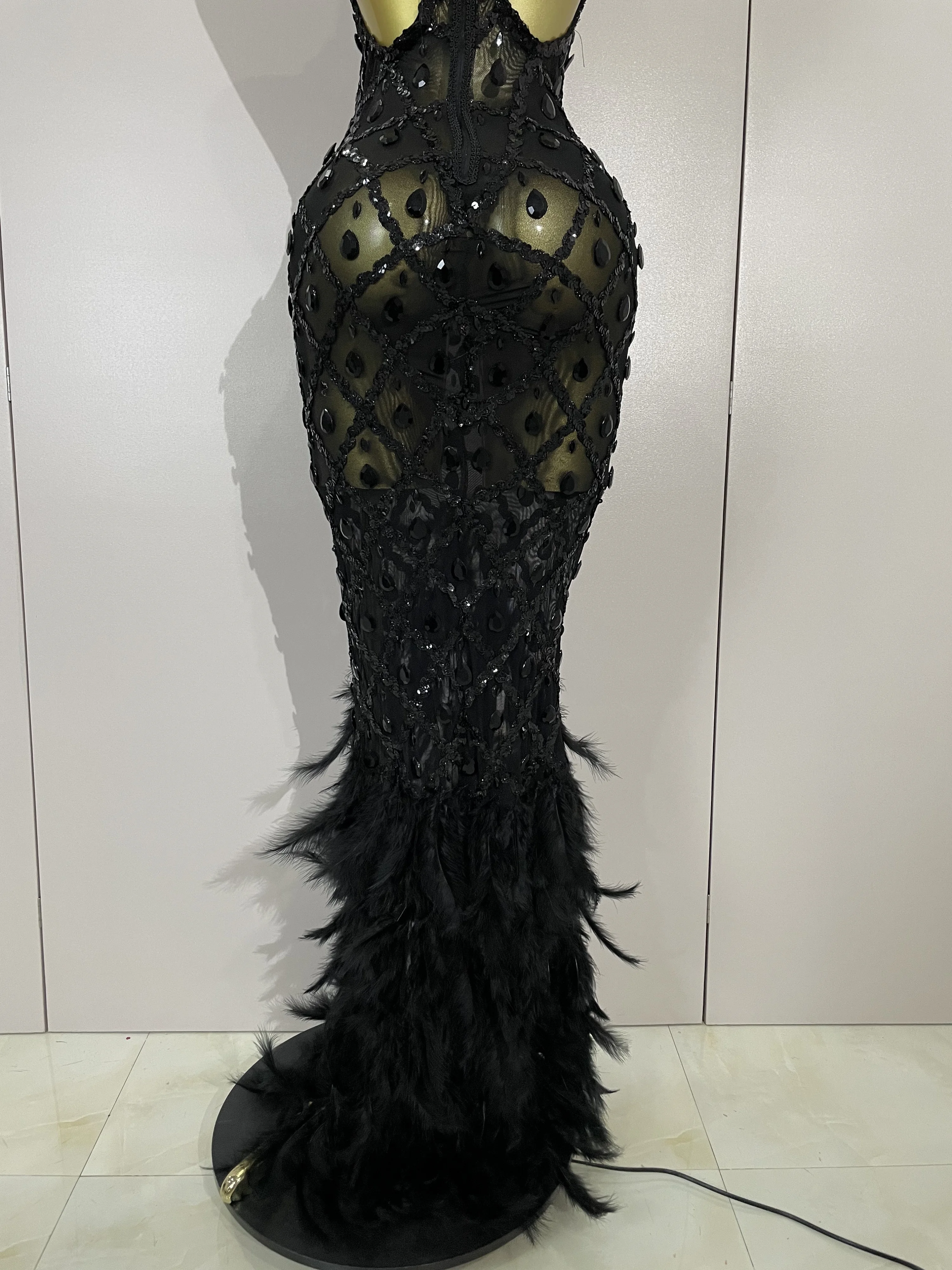 Luxury Sparkly Red Rhinestones Feather Sexy Mesh See Through Long Dress Women Birthday Evening Nightclub DJ Dancer Stage Costume